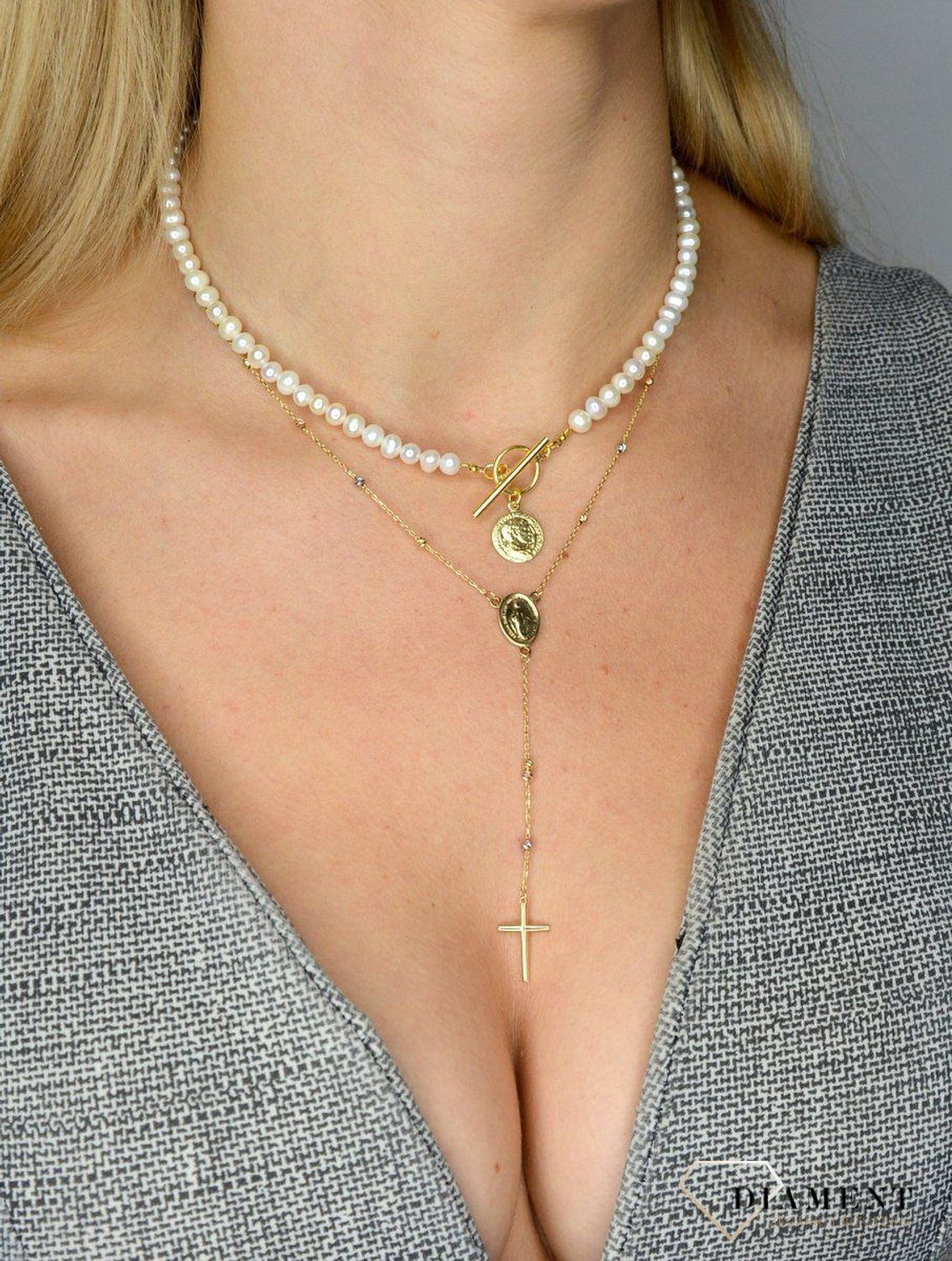 Naszyjnik srebrny pokryty złotem 'Perła z monetą' 910000345929.jpg