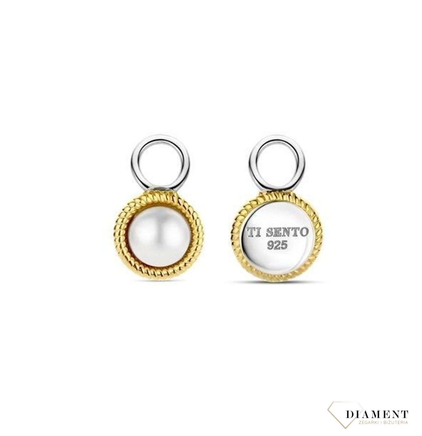 Zawieszki do kolczyków Ti Sento Milano z perłą 9261YP. Srebrna zawieszka do kolczyków o okrągłym kształcie. Zawieszka do kolczyków z perłą w kolorze jasnym dookoła w kolorze złotym. Zawieszka do kolczyków (2).jpg