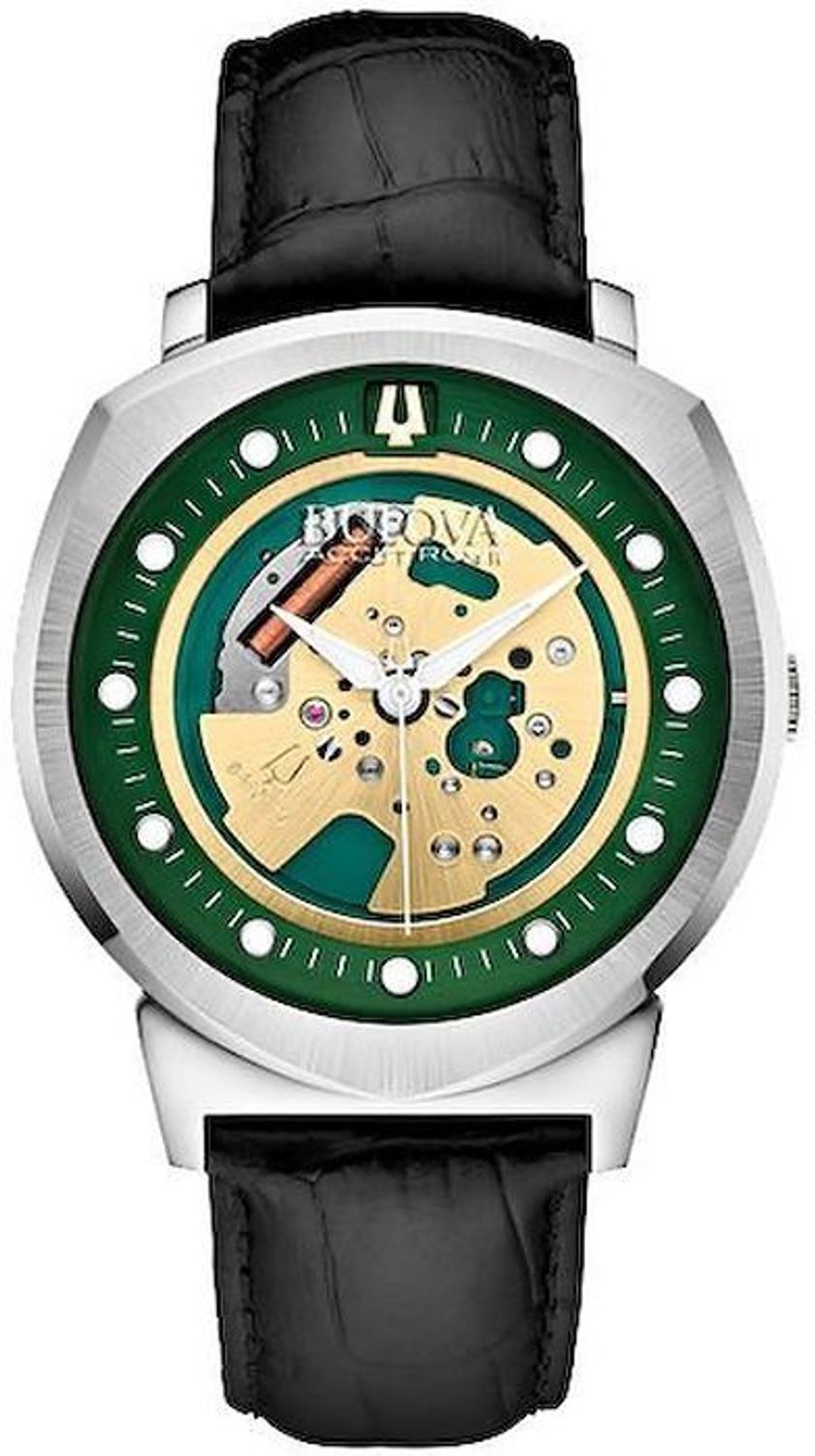 Elegancki męski zegarek Bulova 7613077510193 z zieloną tarczą, kwarcowym mechanizmem, mineralnym szkłem sferycznym, skórzanym paskiem i wodoszczelnością 30 m. Idealny do pracy i na specjalne oka.jpg