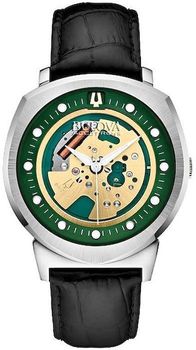 Elegancki męski zegarek Bulova 7613077510193 z zieloną tarczą, kwarcowym mechanizmem, mineralnym szkłem sferycznym, skórzanym paskiem i wodoszczelnością 30 m. Idealny do pracy i na specjalne oka.jpg
