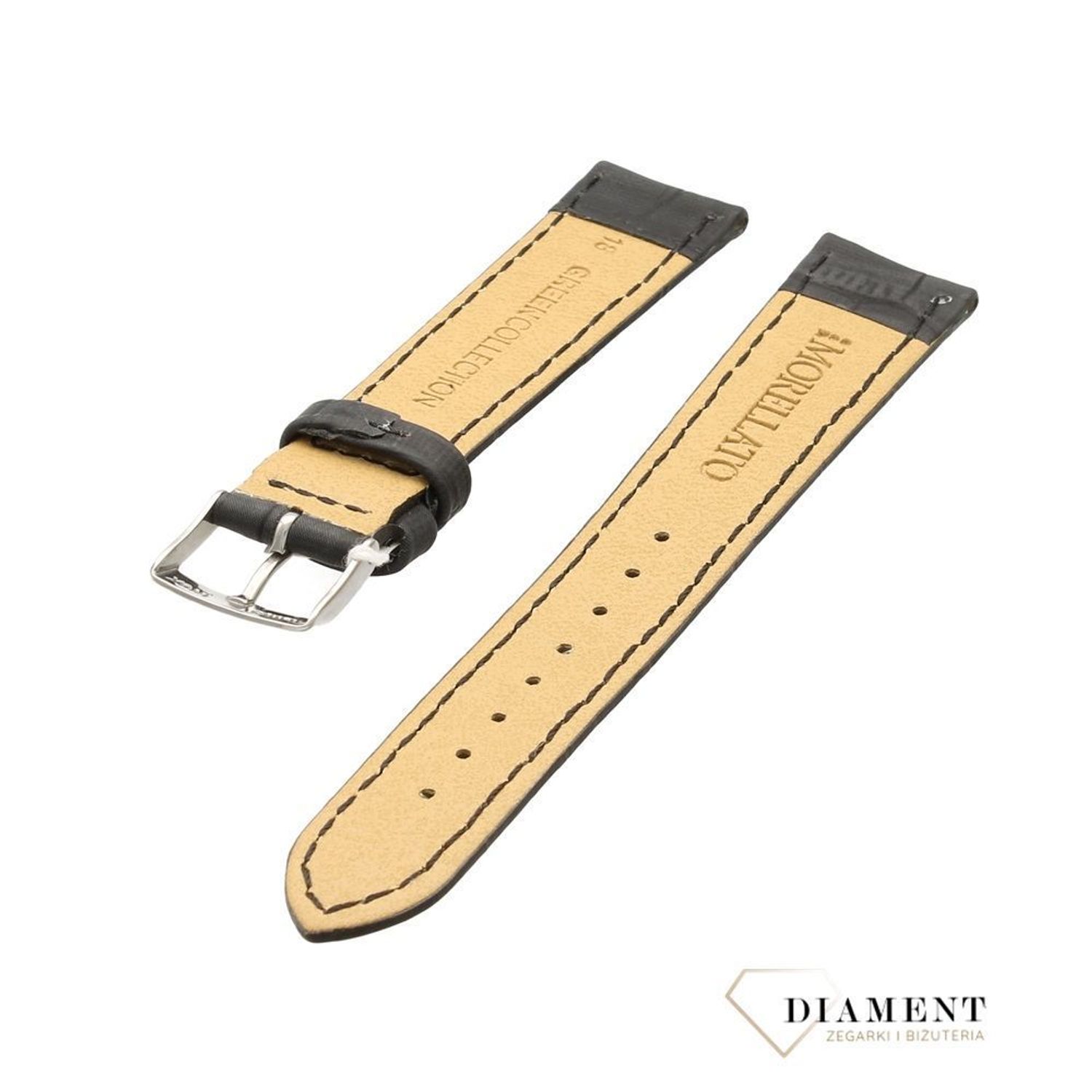 Elegancki czarny pasek do zegarka Morellato A01U3936A70019CR 18 mm z trwałej skóry naturalnej. Solidny, wygodny i uniwersalny pasek do zegarków..jpg