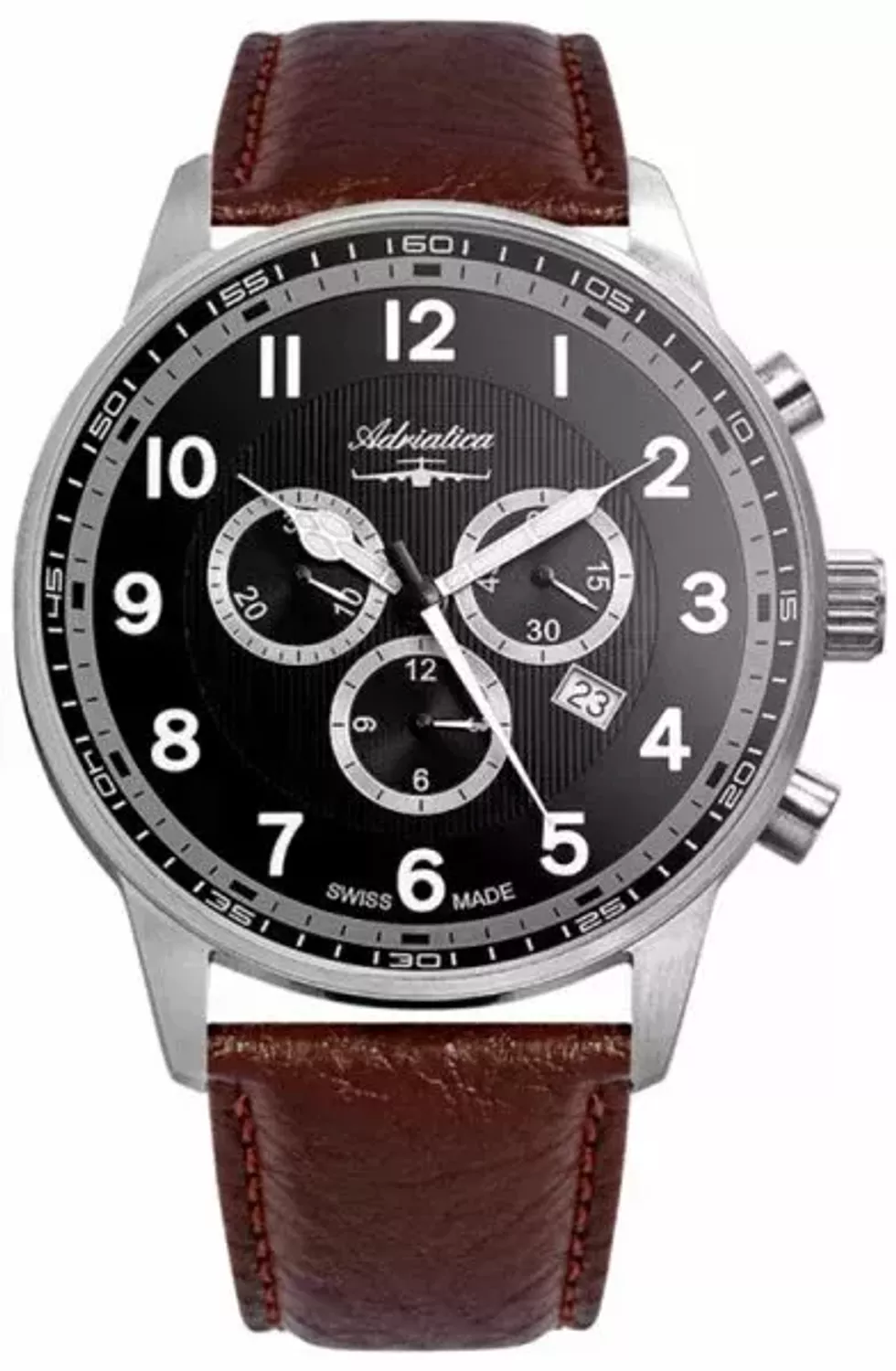 Męski zegarek Adriatica Classic Chronograph męski A1076.5B24CHXLwyposażony jest w kwarcowy mechanizm, zasilany za pomocą baterii. Posiada bardzo wysoką dokładność mierzenia czasu +- 10 sekund w przeciągu 30 dni..webp