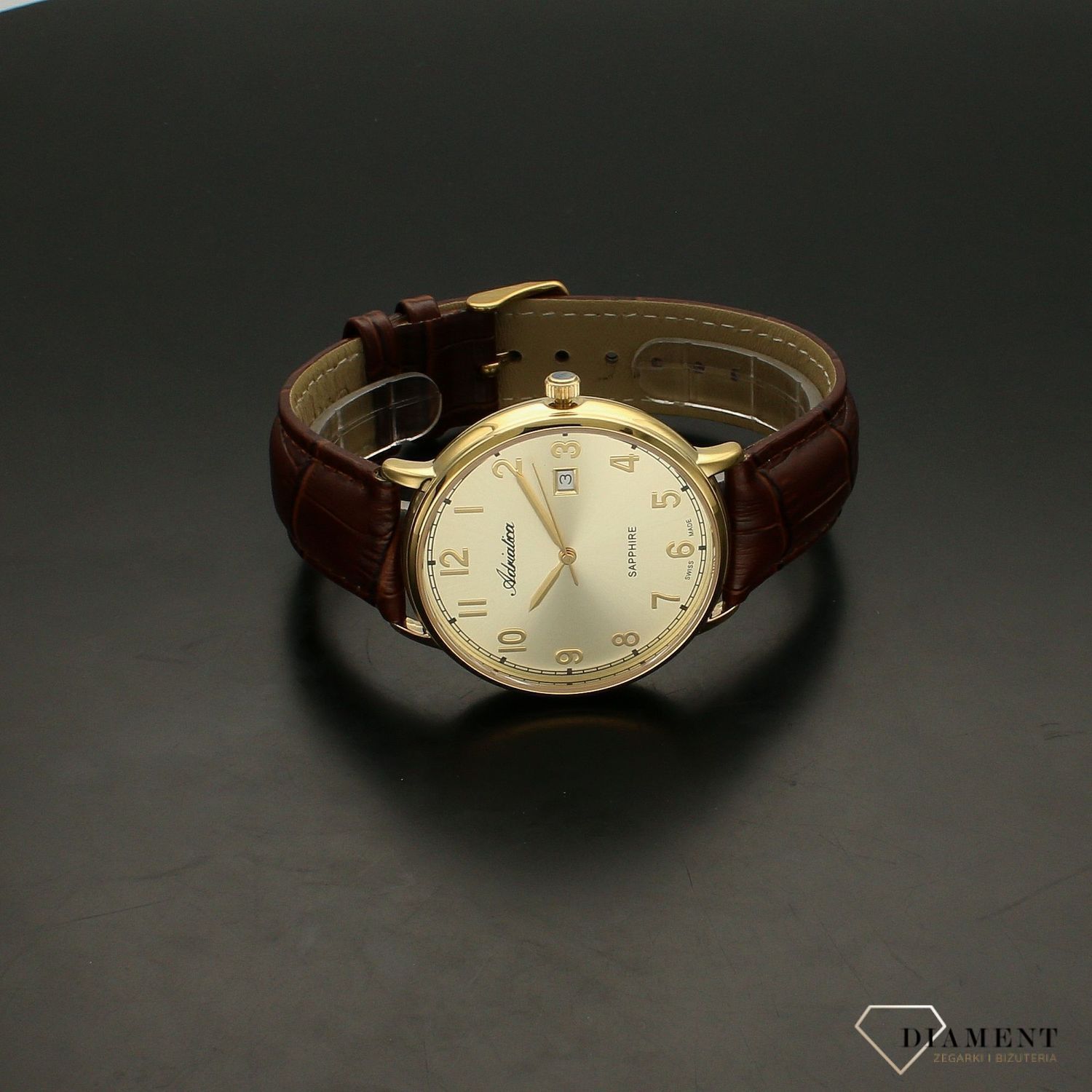 Zegarek męski złoty na pasku Adriatica A1283.1221Q z szafirowym szkłem.webp