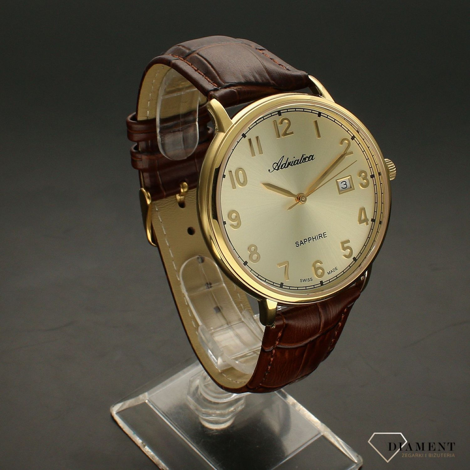Zegarek męski złoty na pasku Adriatica A1283.1221Q z szafirowym szkłem.webp
