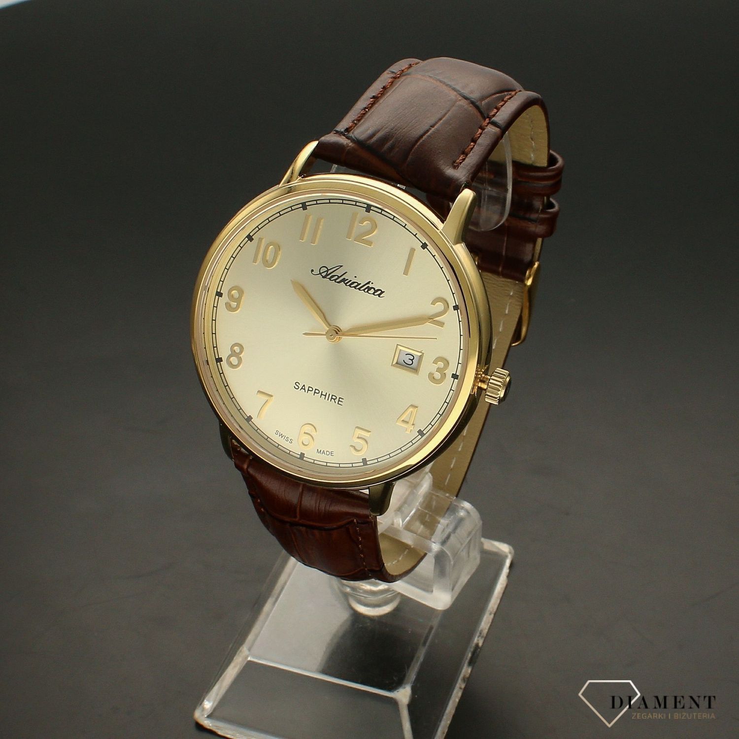 Zegarek męski złoty na pasku Adriatica A1283.1221Q z szafirowym szkłem.webp