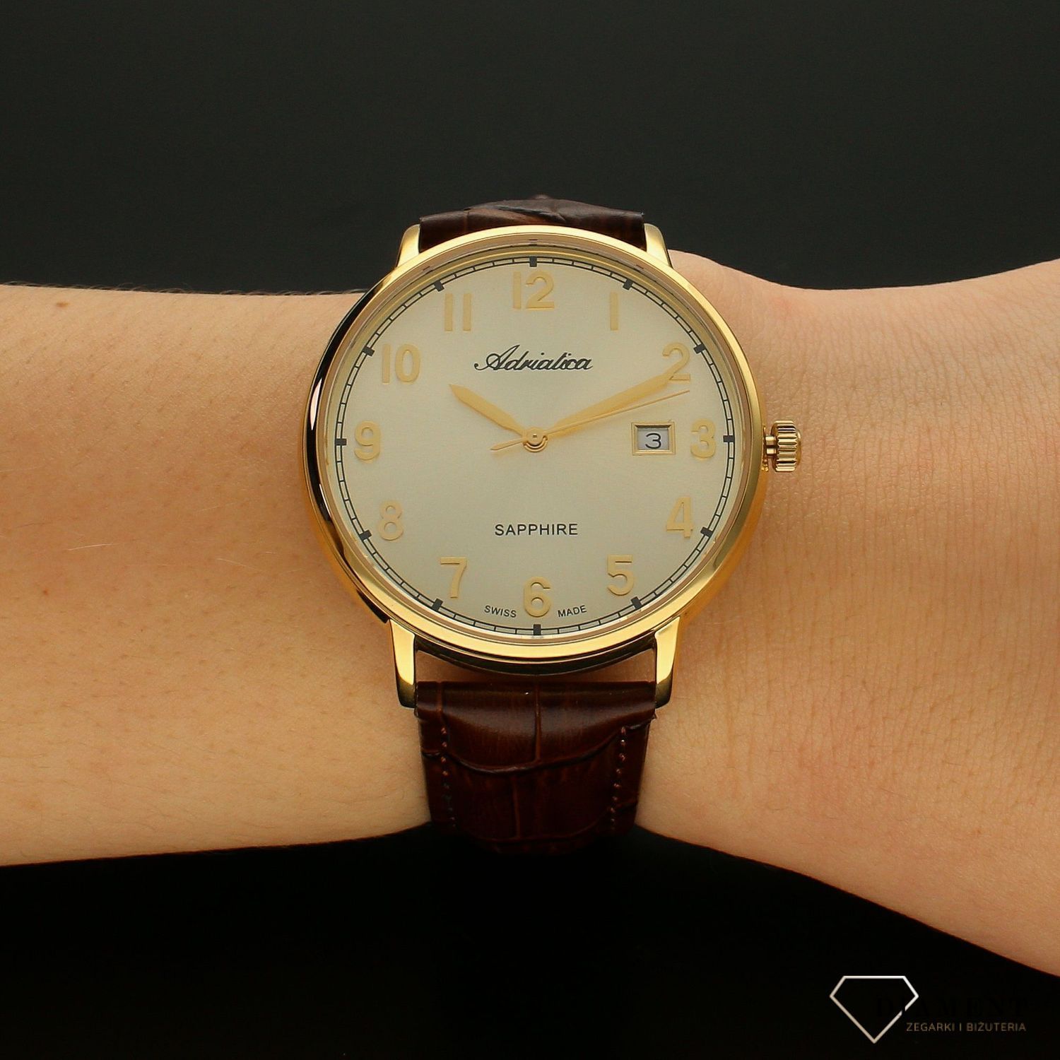 Zegarek męski złoty na pasku Adriatica A1283.1221Q z szafirowym szkłem.webp