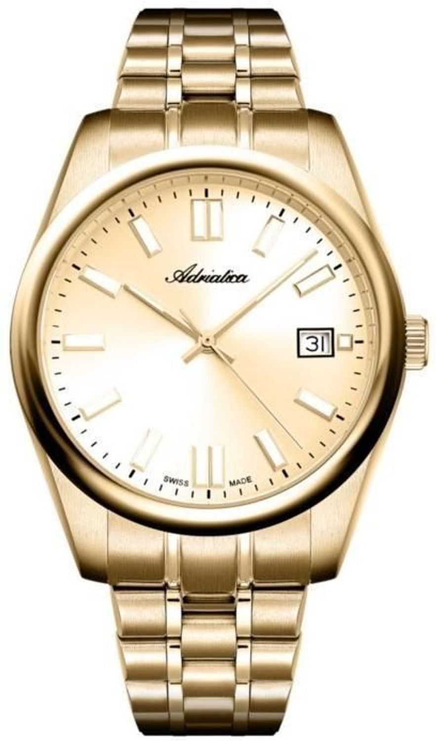 Zegarek męski Adriatica A1298.1111Q Classic Elegance Quartz – szwajcarski model z mechanizmem kwarcowym, złotą kopertą, stalową bransoletą i szkłem szafirowym. Idealny do codziennych i elegancki.jpg