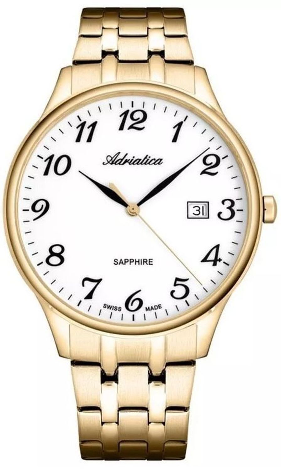 Elegancki zegarek męski Adriatica A1300.1123Q ze szwajcarskim mechanizmem, szafirowym szkłem i złotą bransoletą. Idealny na prezent – grawer gratis!.jpg