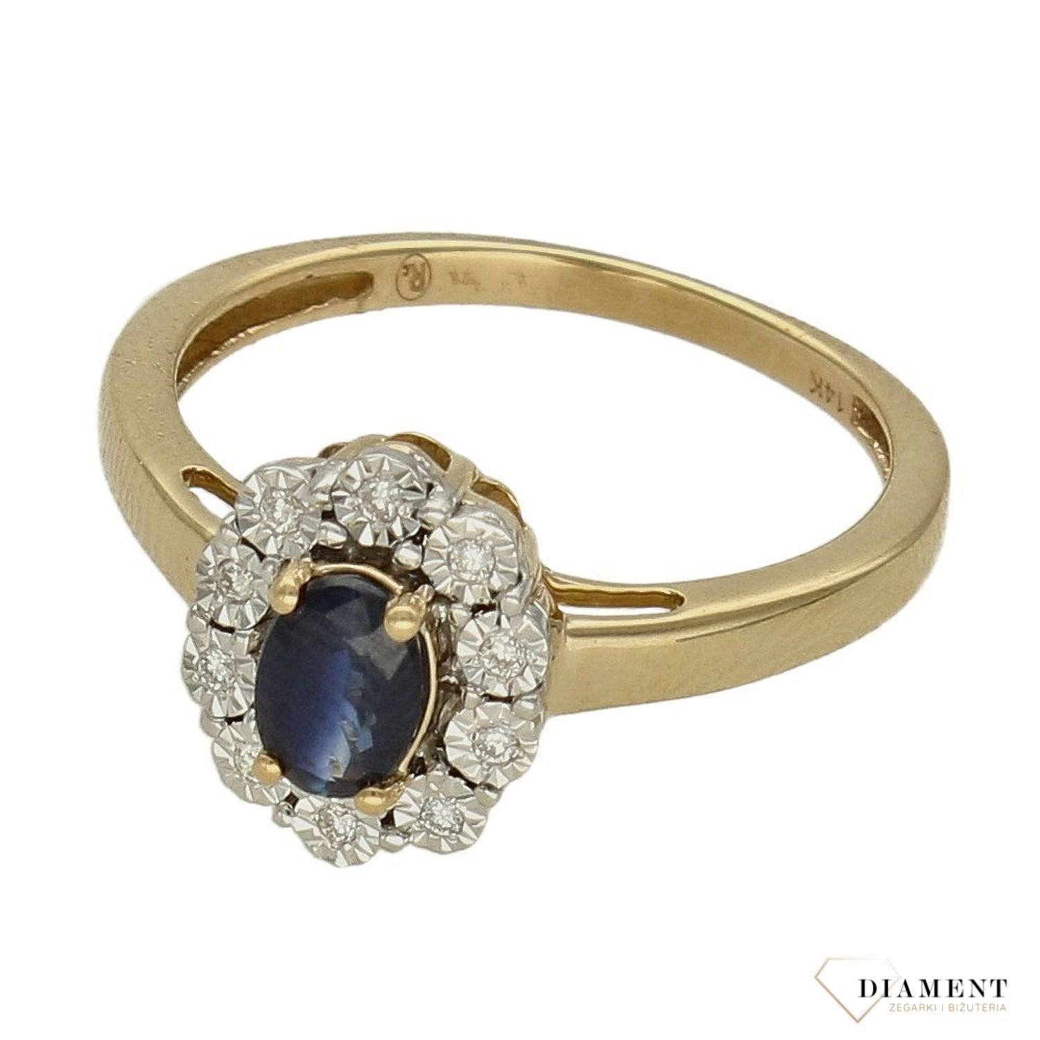 Pierścionek  Szafir w otoczce Diamentów  585 DIAMENT Biżuteria z kamieniami szlachetnymi, które swoim blaskiem zachwycą każdą kobietę. Biżuteria wyrażająca więcej niż słowa wykonana z 14 karatowego złota. (2).jpg