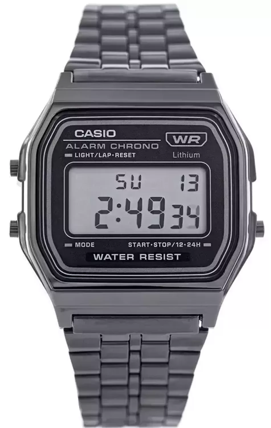 Casio A158WETB-1AEF VINTAGE – cyfrowy zegarek unisex w stylu retro. Szara koperta, stalowa bransoleta, podświetlenie LED, stoper, datownik i 7-letnia bateria. 1.webp