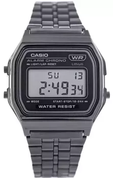 Casio A158WETB-1AEF VINTAGE – cyfrowy zegarek unisex w stylu retro. Szara koperta, stalowa bransoleta, podświetlenie LED, stoper, datownik i 7-letnia bateria. 1.webp