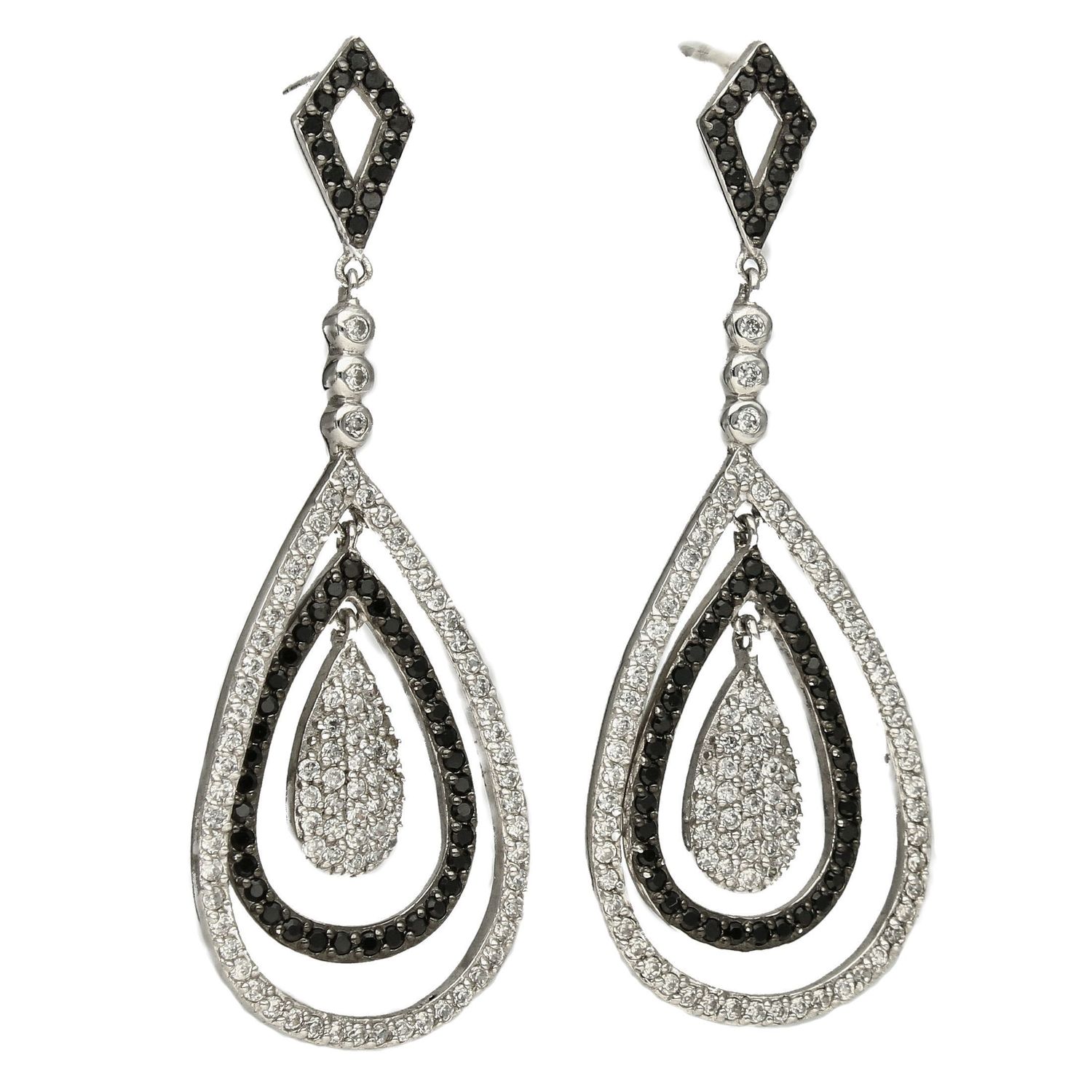 Kolczyki srebrne wiszące długie z czarnymi i białymi cyrkoniami A2_HLE42514.jpg