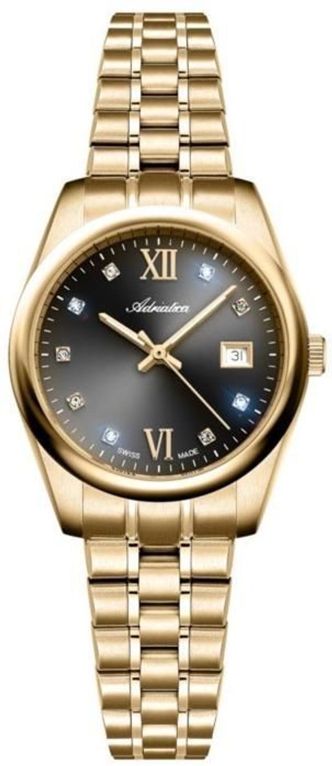 Zegarek damski Adriatica A3198.1186Q Swiss Made z mechanizmem kwarcowym, szkłem szafirowym, złotą kopertą i szarą tarczą zdobioną cyrkoniami. Elegancja i szwajcarska precyzja w jednym.1.jpg
