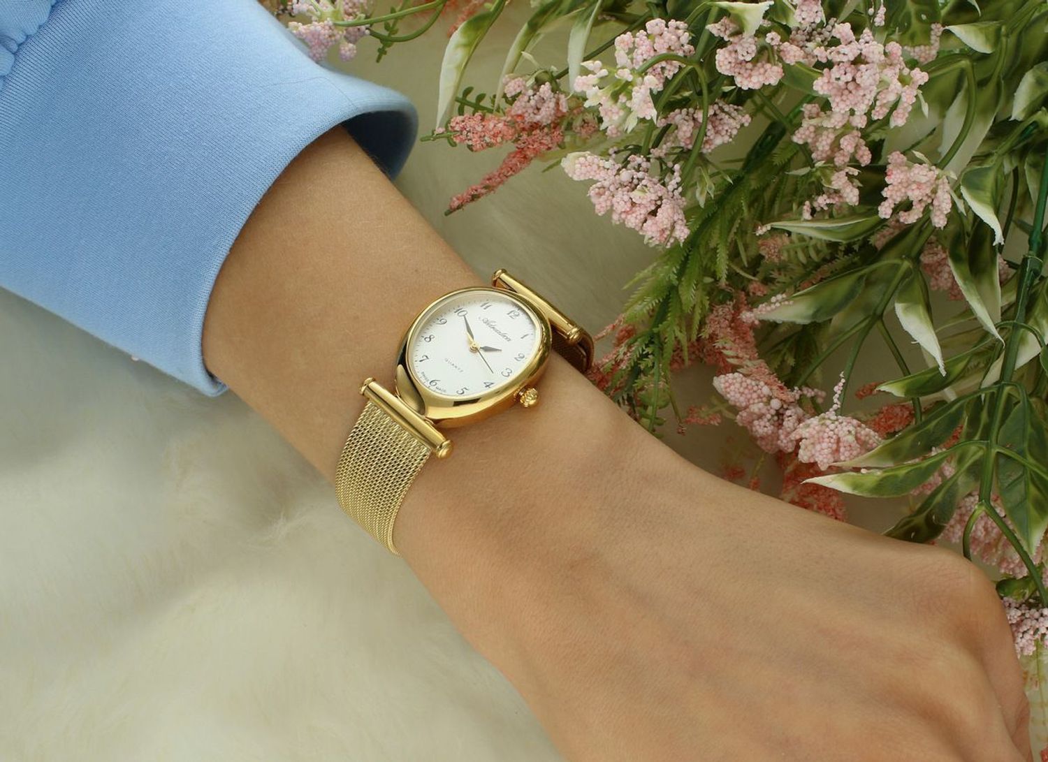 Zegarek Adriatica A3453.1123Q – Złoty Zegarek Damski Owalny Mesh Swiss Made Grawer Gratis.jpg