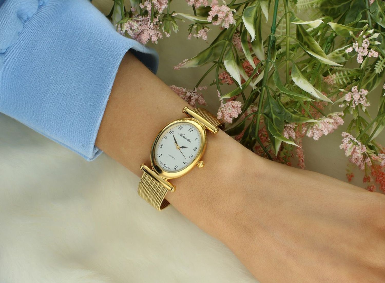 Zegarek Adriatica A3453.1123Q – Złoty Zegarek Damski Owalny Mesh Swiss Made Grawer Gratis.jpg