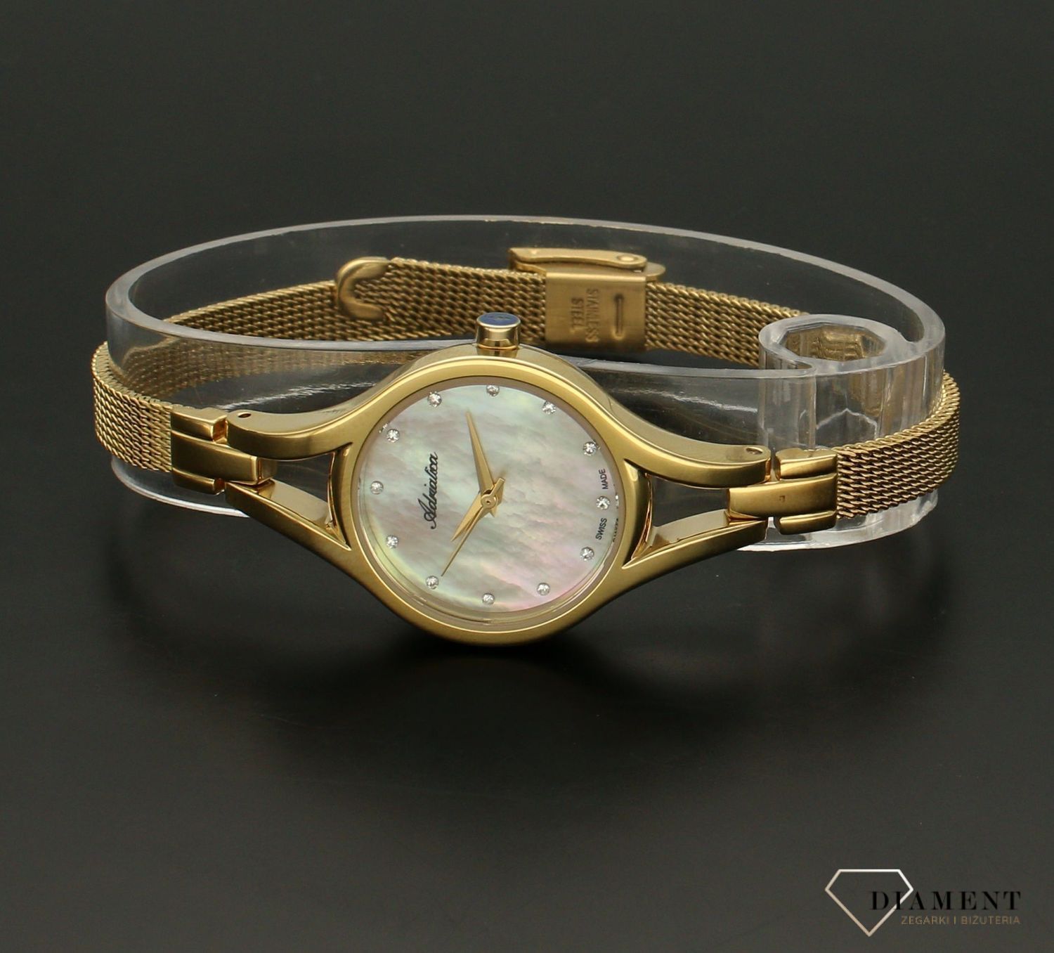 Zegarek damski Adriatica A3508.114SQ na bransolecie 'Perła' A3508.114SQ. Zegarek Adriatca A3508.114SQ na złotej, stalowej bransolecie to elegancki dodatek dla każdej kobiety. Wyrafinowan.jpg