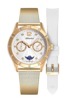 Zegarek damski Adriatica na złotej bransolecie z dodatkowym białym paskiem silikonowym A3698.1173QFZ.jpg