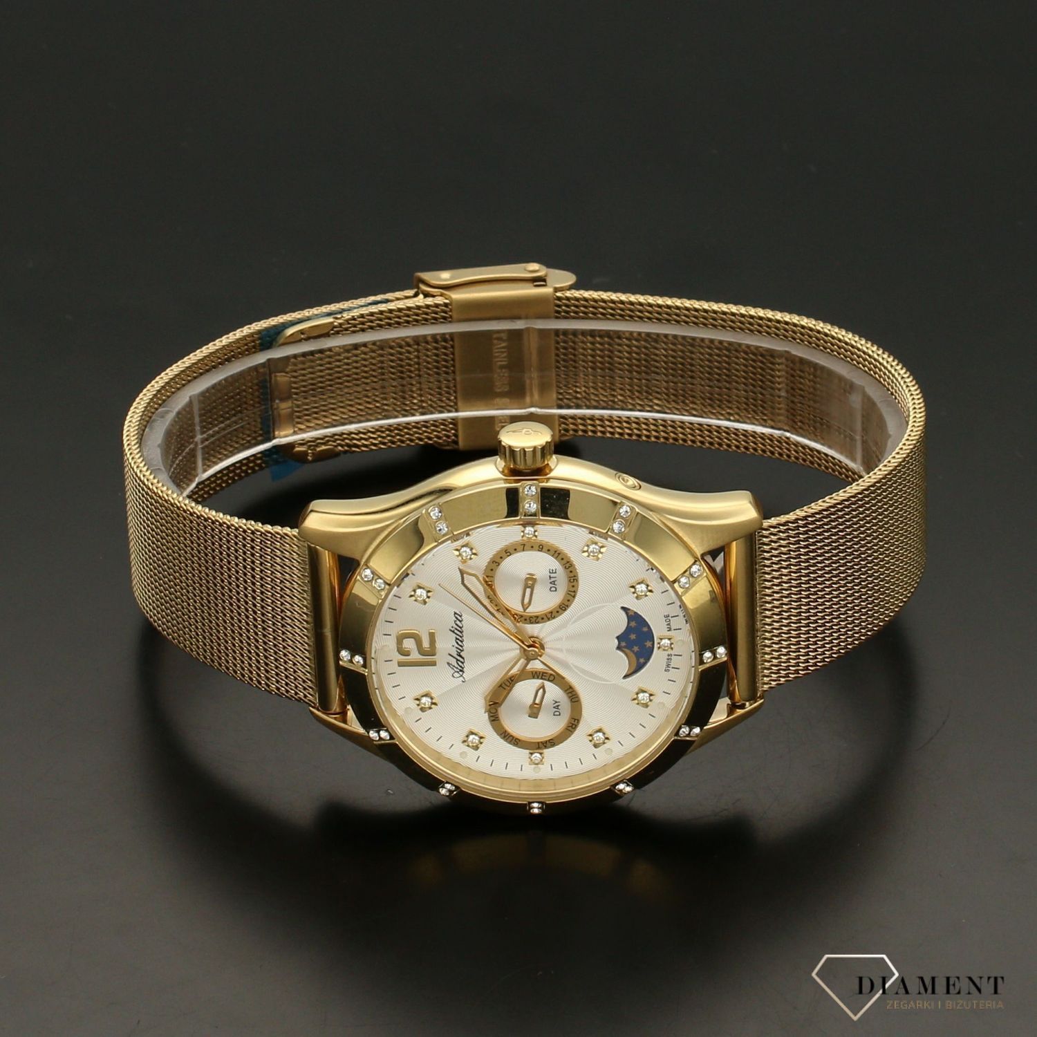 Zegarek damski Adriatica na złotej bransolecie z dodatkowym białym paskiem silikonowym A3698.1173QFZ.jpg