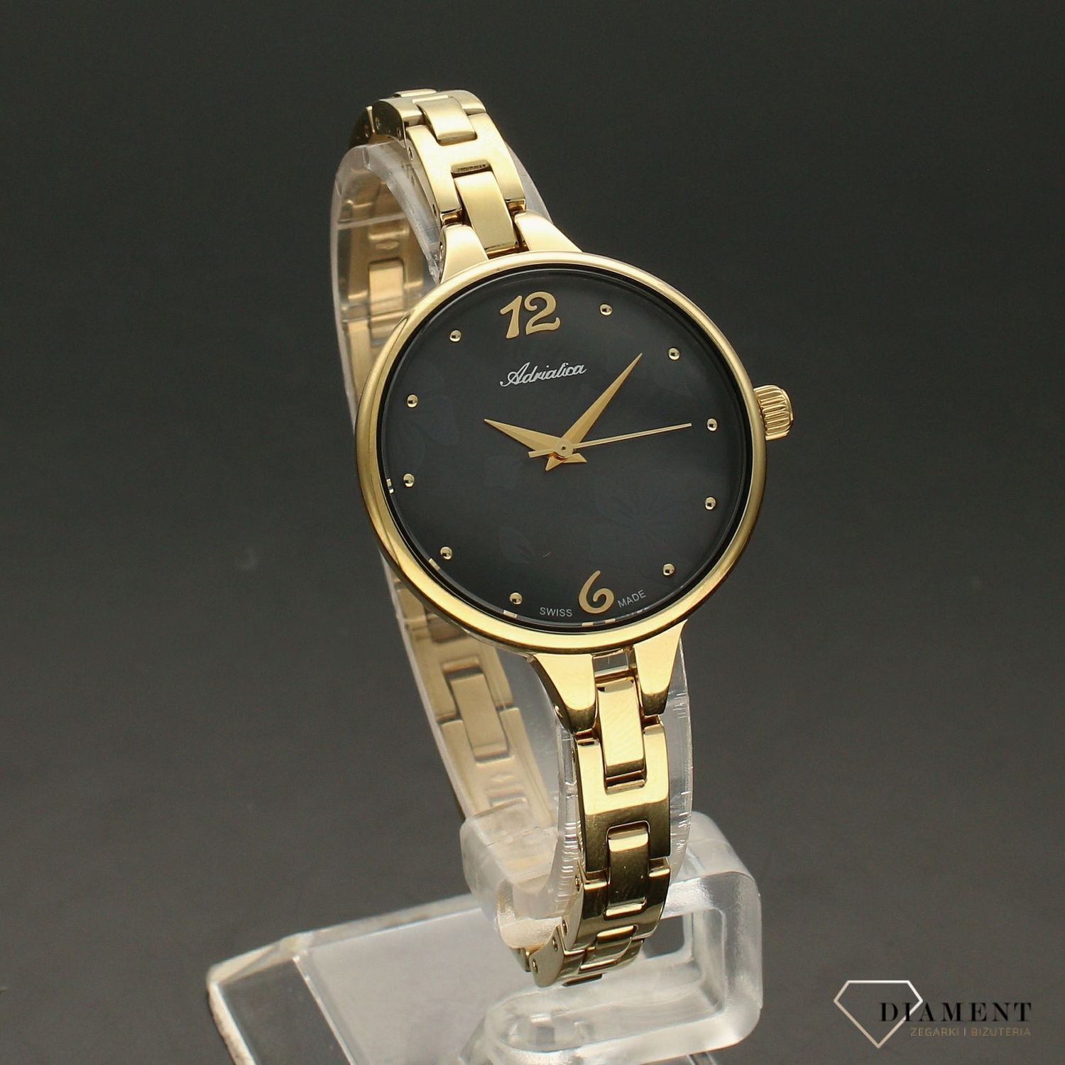 Zegarek damski złoty Adriatica A3761.117MQ na bransolecie z tarczą w kolorze czarnej perły i ornamentem kwiatowym..jpg