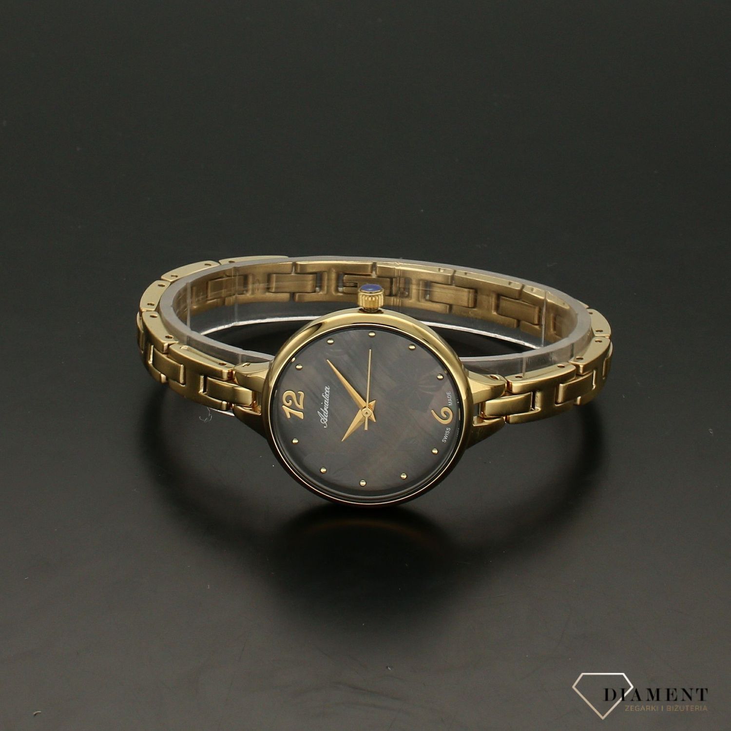 Zegarek damski złoty Adriatica A3761.117MQ na bransolecie z tarczą w kolorze czarnej perły i ornamentem kwiatowym..jpg