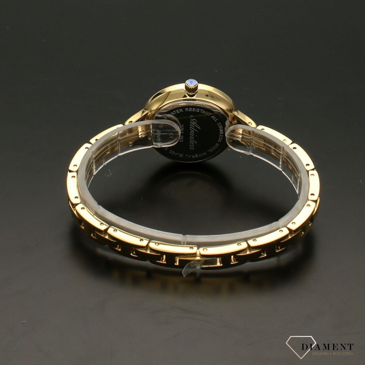 Zegarek damski złoty Adriatica A3761.117MQ na bransolecie z tarczą w kolorze czarnej perły i ornamentem kwiatowym..jpg