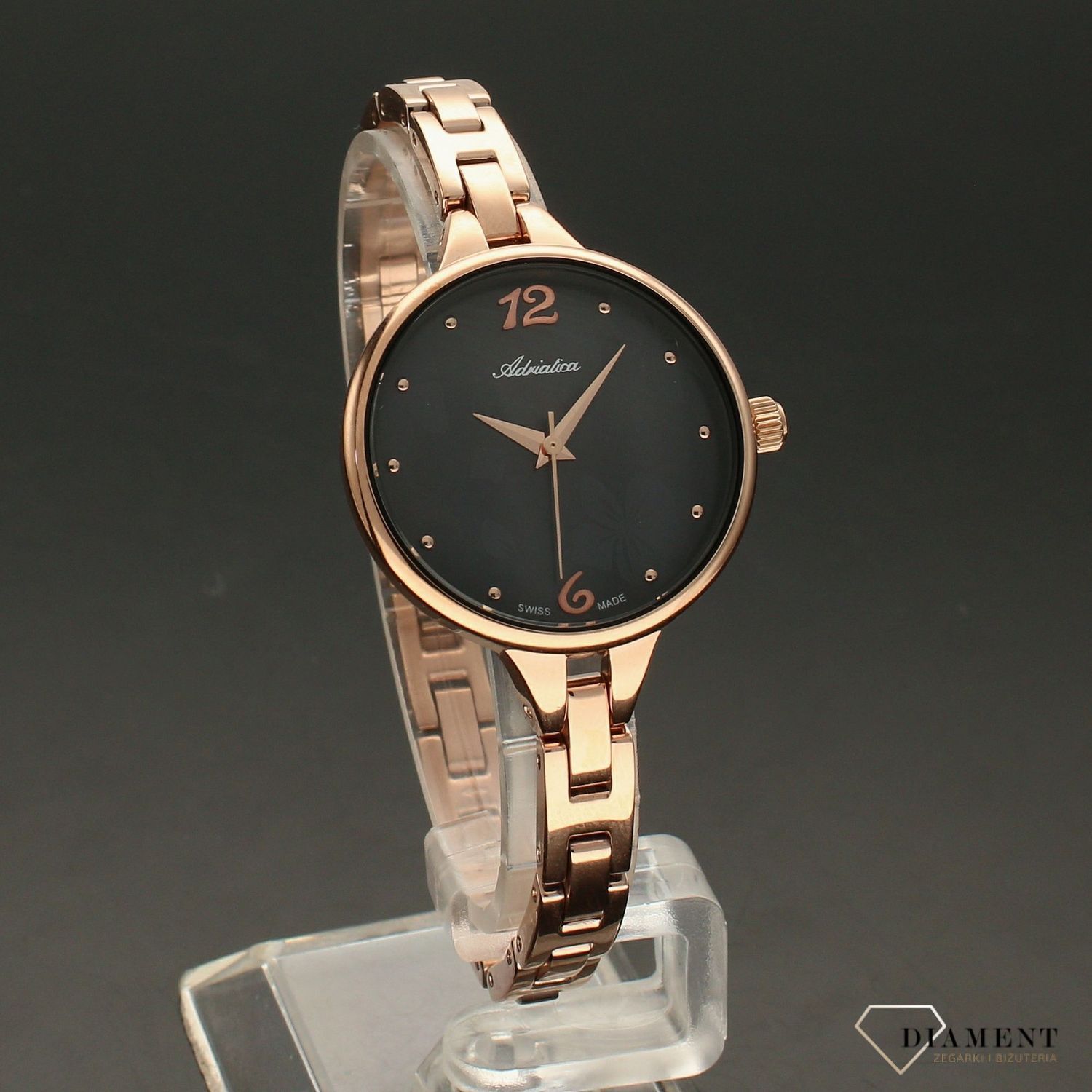 Zegarek damski różowe złoto Adriatica A3762.917MQ na bransolecie z tarczą w kolorze czarnej perły i ornamentem kwiatowym.  (2).jpg