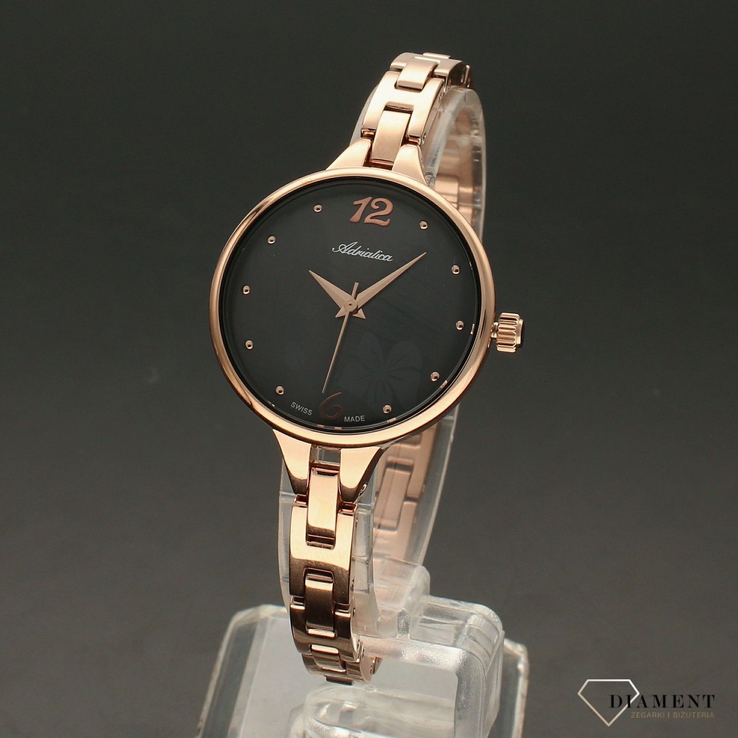 Zegarek damski różowe złoto Adriatica A3762.917MQ na bransolecie z tarczą w kolorze czarnej perły i ornamentem kwiatowym.  (2).jpg