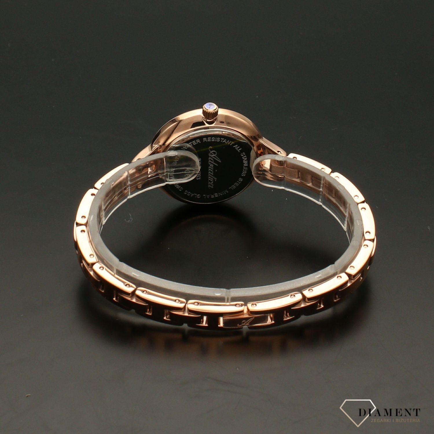 Zegarek damski różowe złoto Adriatica A3762.917MQ na bransolecie z tarczą w kolorze czarnej perły i ornamentem kwiatowym.  (2).jpg