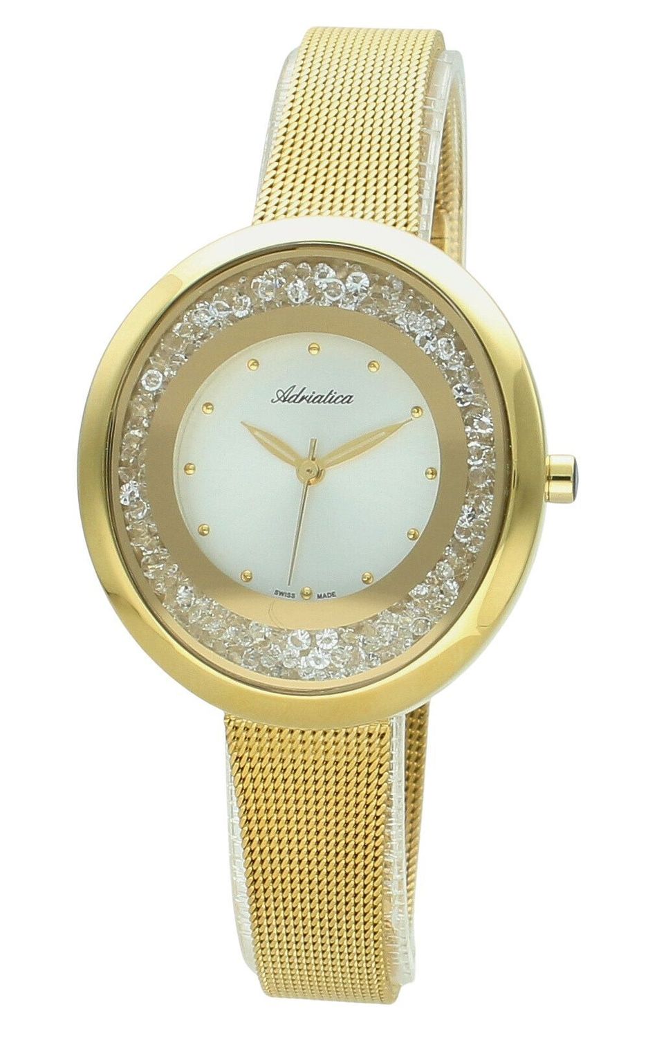 Elegancki zegarek damski Adriatica A3771.1143QZ z mechanizmem kwarcowym, stalową kopertą 316L pokrytą złotem, srebrną tarczą i cyrkoniami. Wodoszczelność 30 m.1.jpg