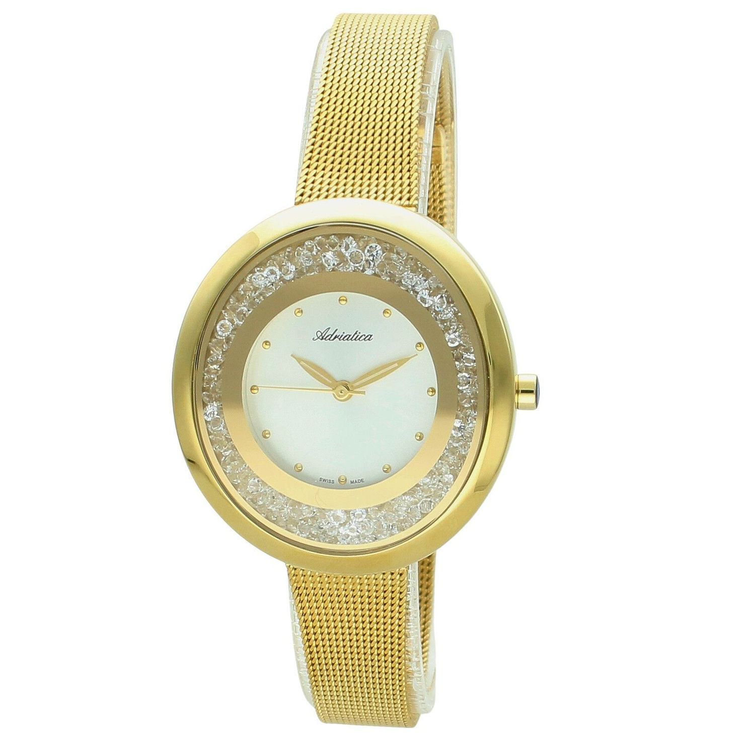 Elegancki zegarek damski Adriatica A3771.1143QZ z mechanizmem kwarcowym, stalową kopertą 316L pokrytą złotem, srebrną tarczą i cyrkoniami. Wodoszczelność 30 m.1.jpg