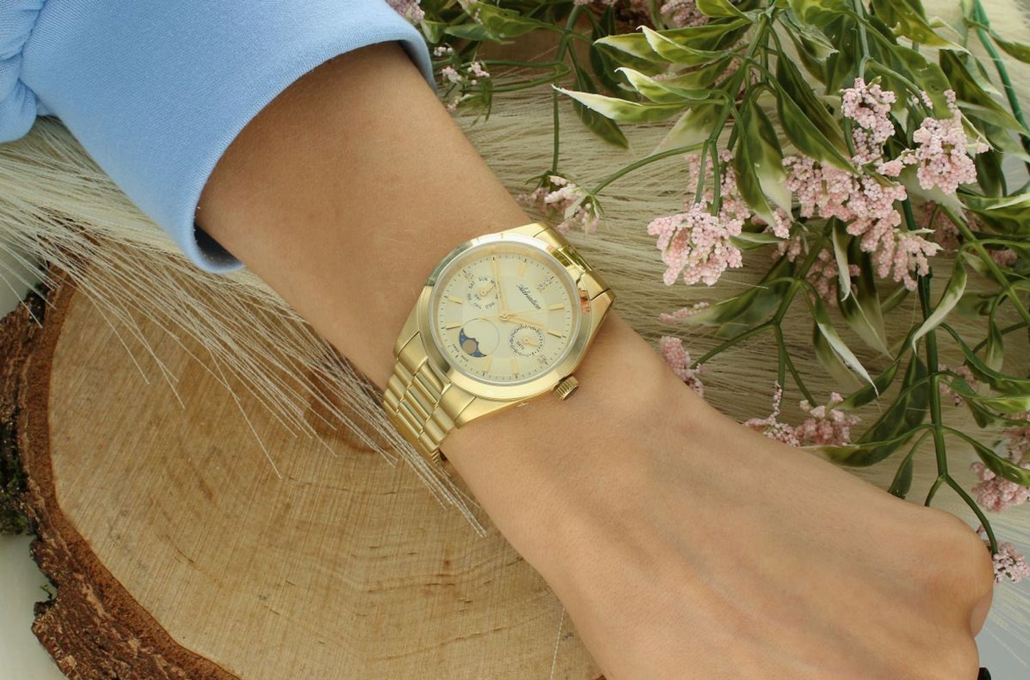 Zegarek damski Adriatica A3802.1111QF Moonphase – złoty z fazami księżyca i datownikiem.jpg