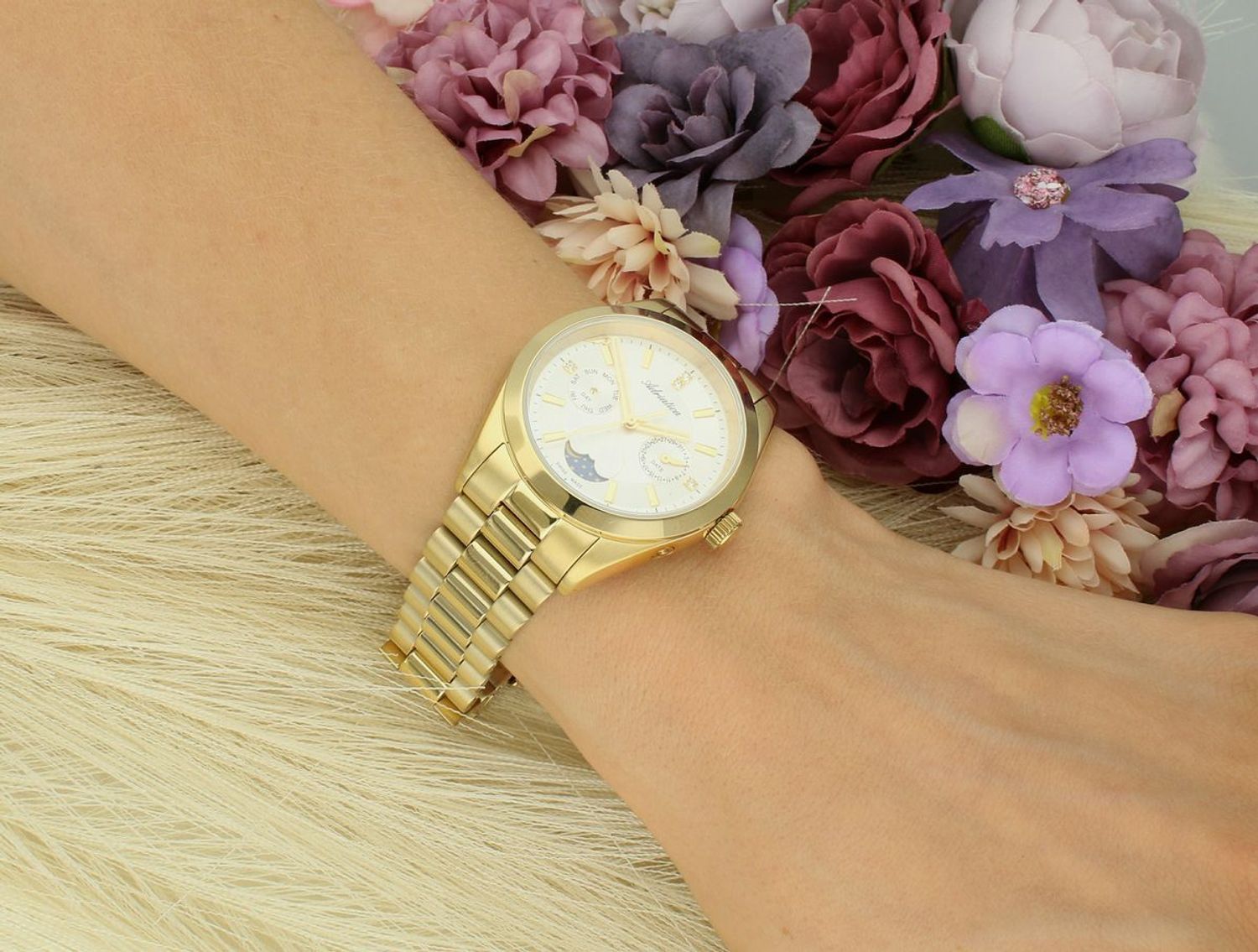 Zegarek damski Adriatica A3802.1113QF Moonphase – złoty, srebrna tarcza, fazy księżyca.jpg