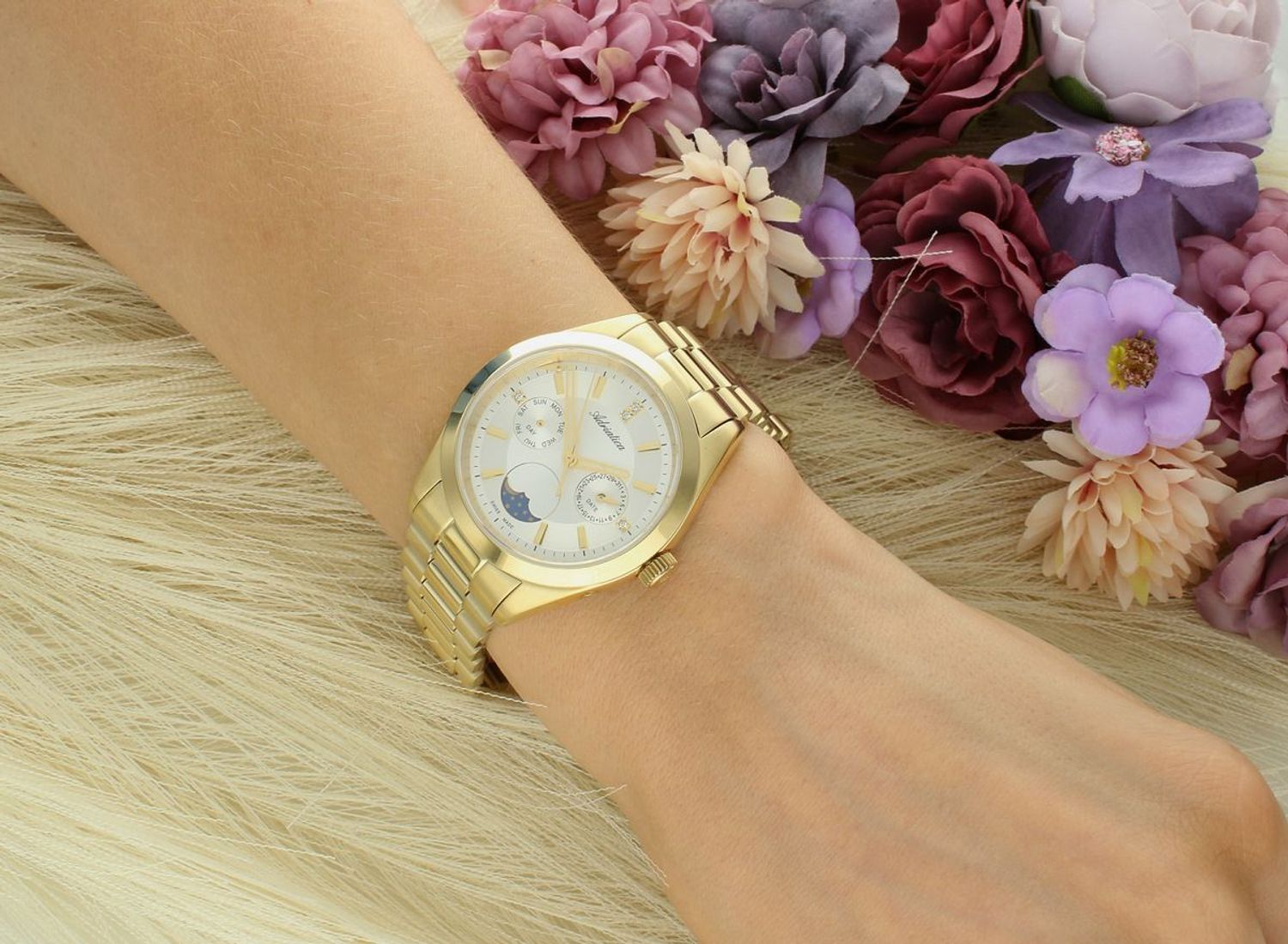 Zegarek damski Adriatica A3802.1113QF Moonphase – złoty, srebrna tarcza, fazy księżyca.jpg