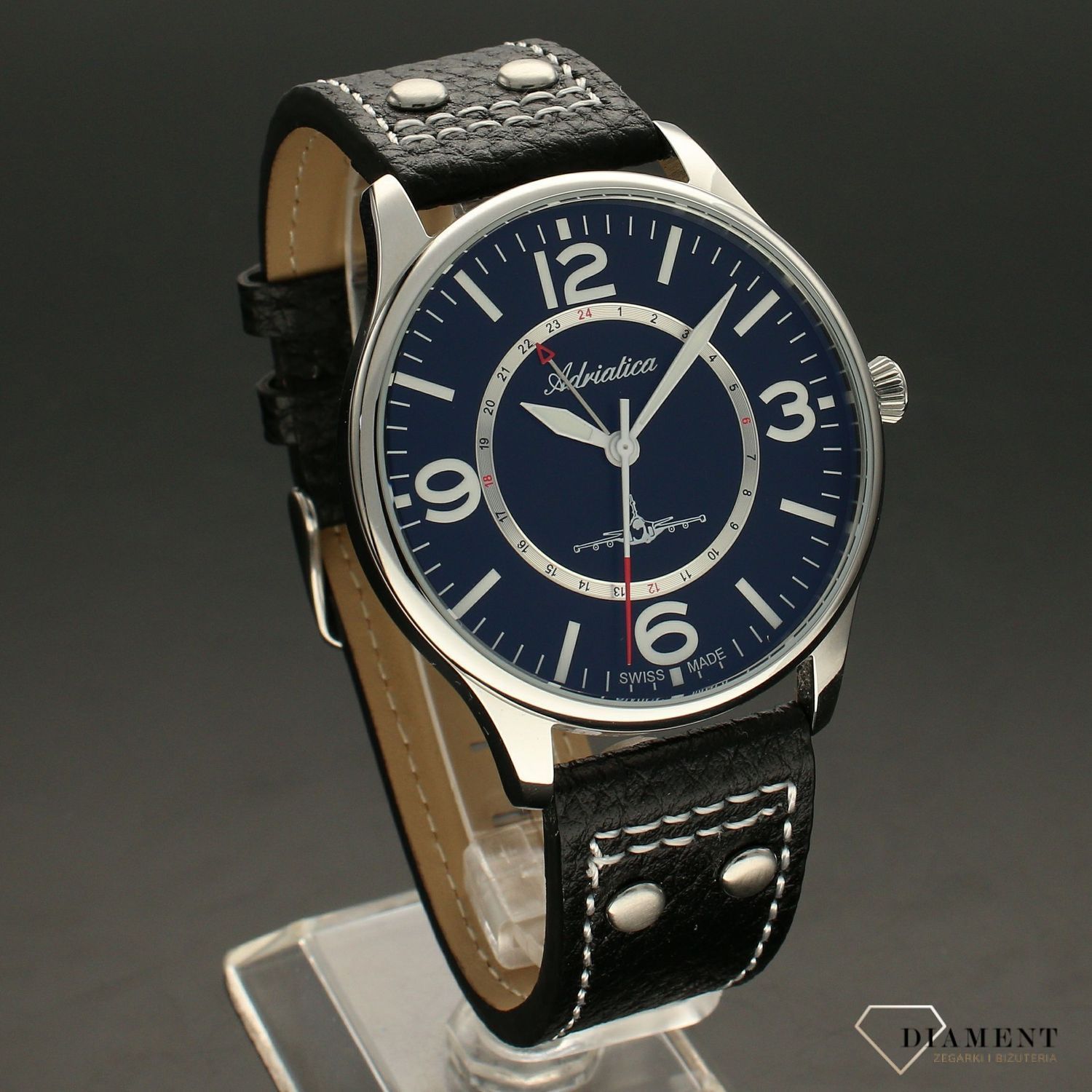 Zegarek męski na czarnym pasku Adriatica Aviator A8266.5254Q z czarną  tarczą i samolotem..jpg