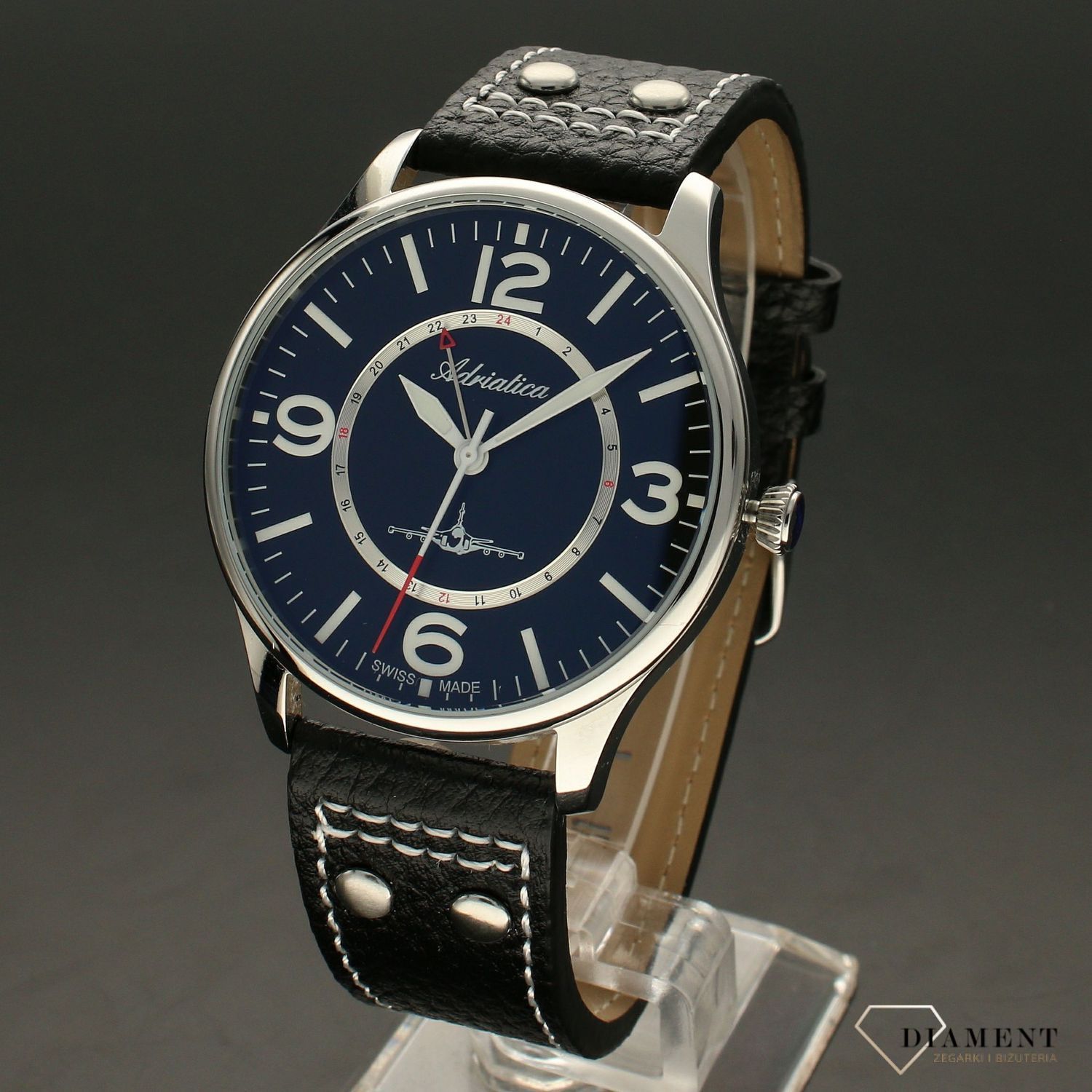 Zegarek męski na czarnym pasku Adriatica Aviator A8266.5254Q z czarną  tarczą i samolotem..jpg