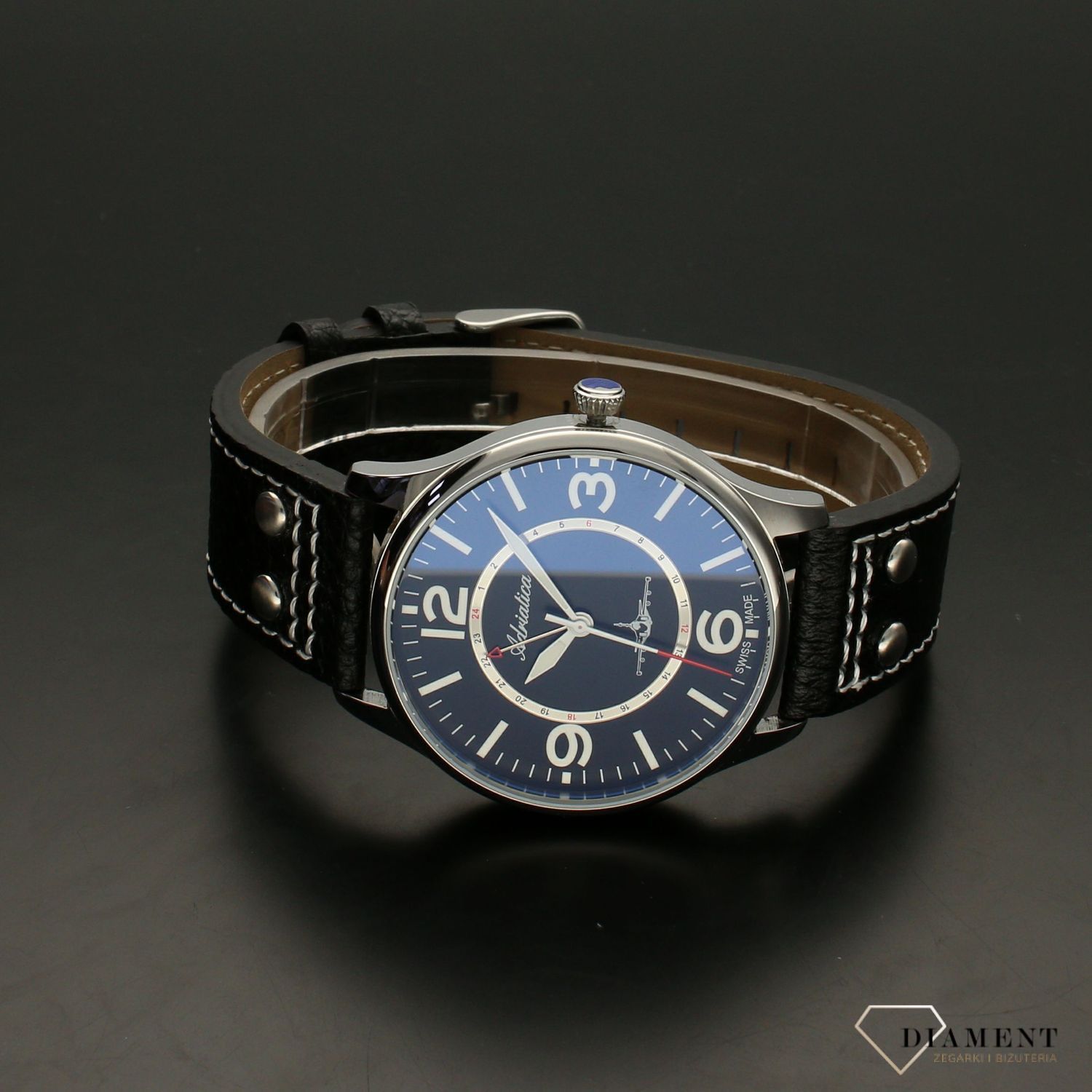 Zegarek męski na czarnym pasku Adriatica Aviator A8266.5254Q z czarną  tarczą i samolotem..jpg