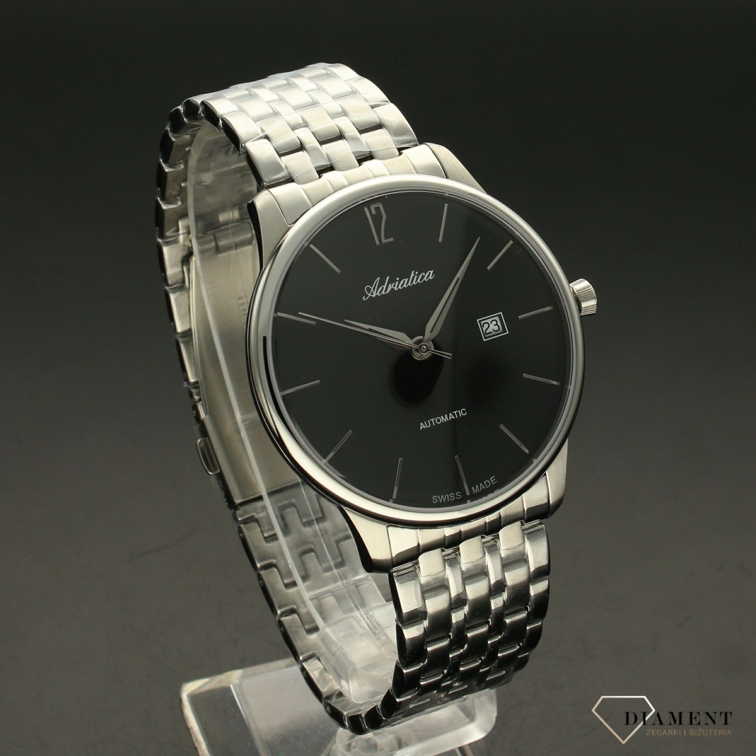 Zegarek męski Adriatica Autmat na bransolecie z czarna tarczą.jpg