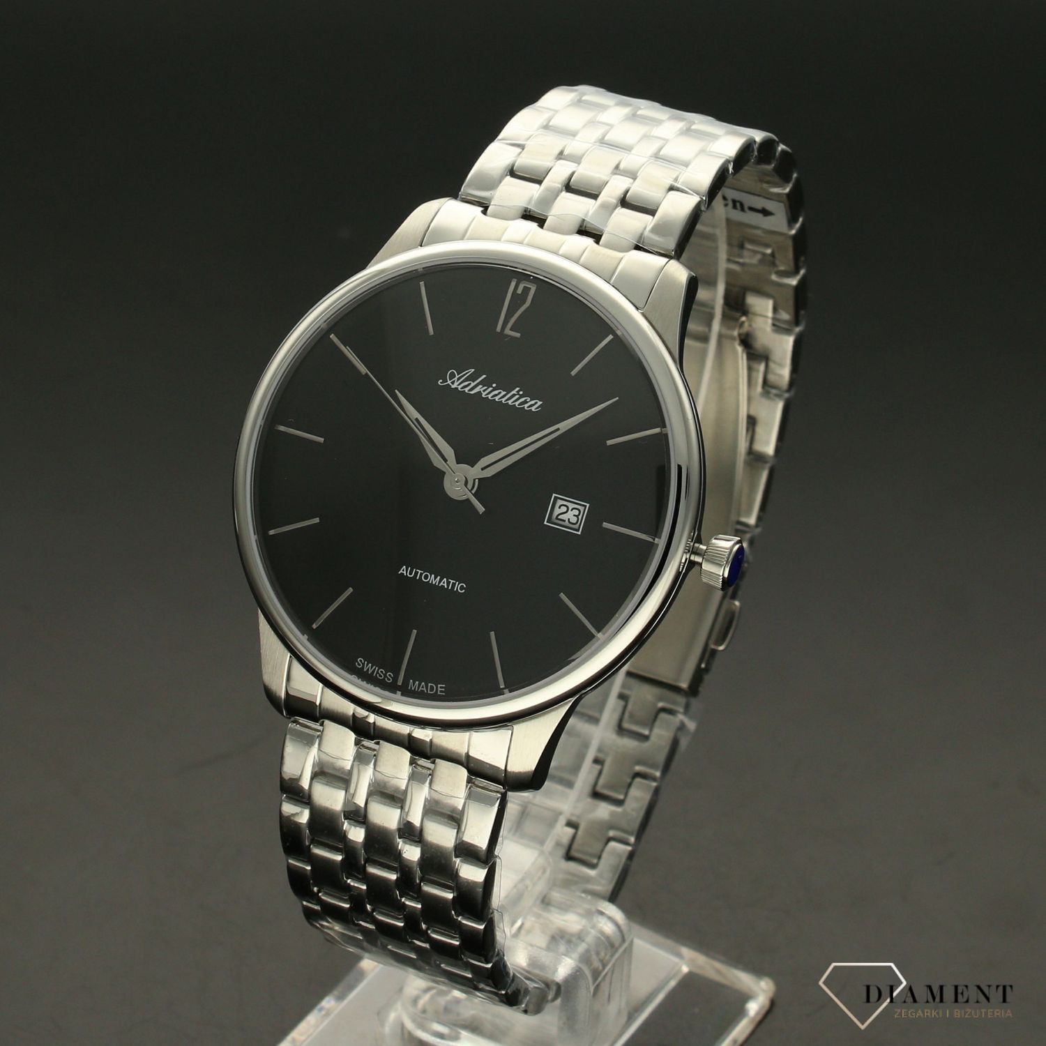Zegarek męski Adriatica Autmat na bransolecie z czarna tarczą.jpg