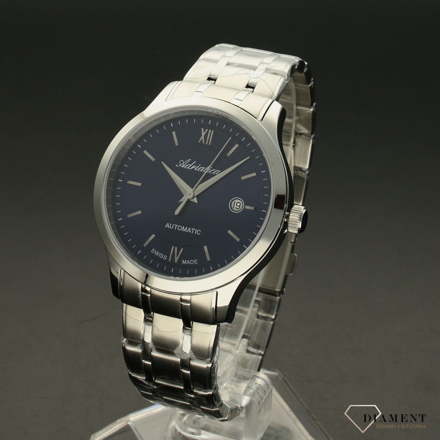 Meski zegarek na bransolecie z niebieską tarczą z naciągiem automatycznym Adriatica 8276.5165.jpg