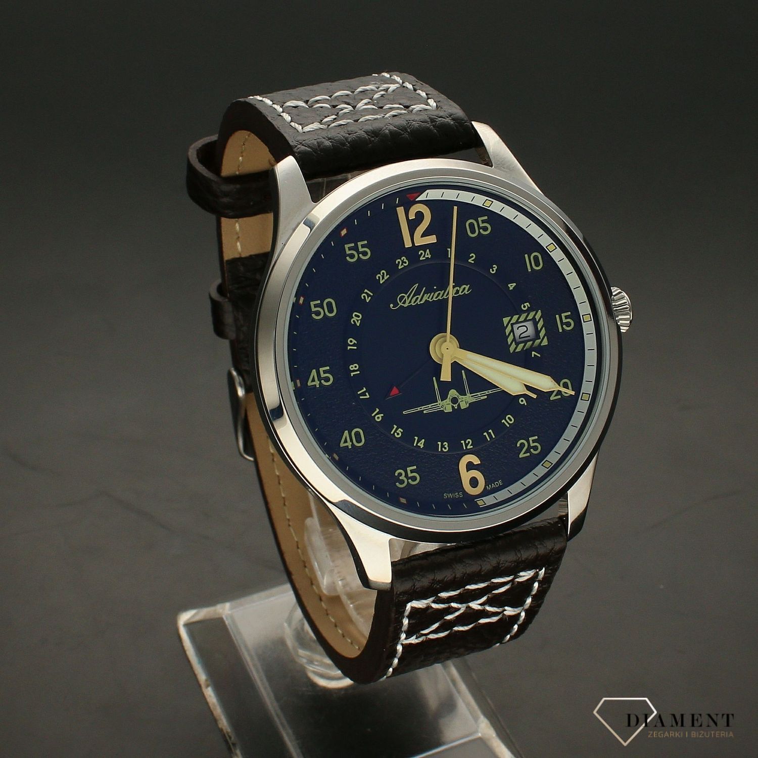 Zegarek męski.x na czarnym pasku Adriatica Aviator A8311.5B24Q samolotem ✓.webp