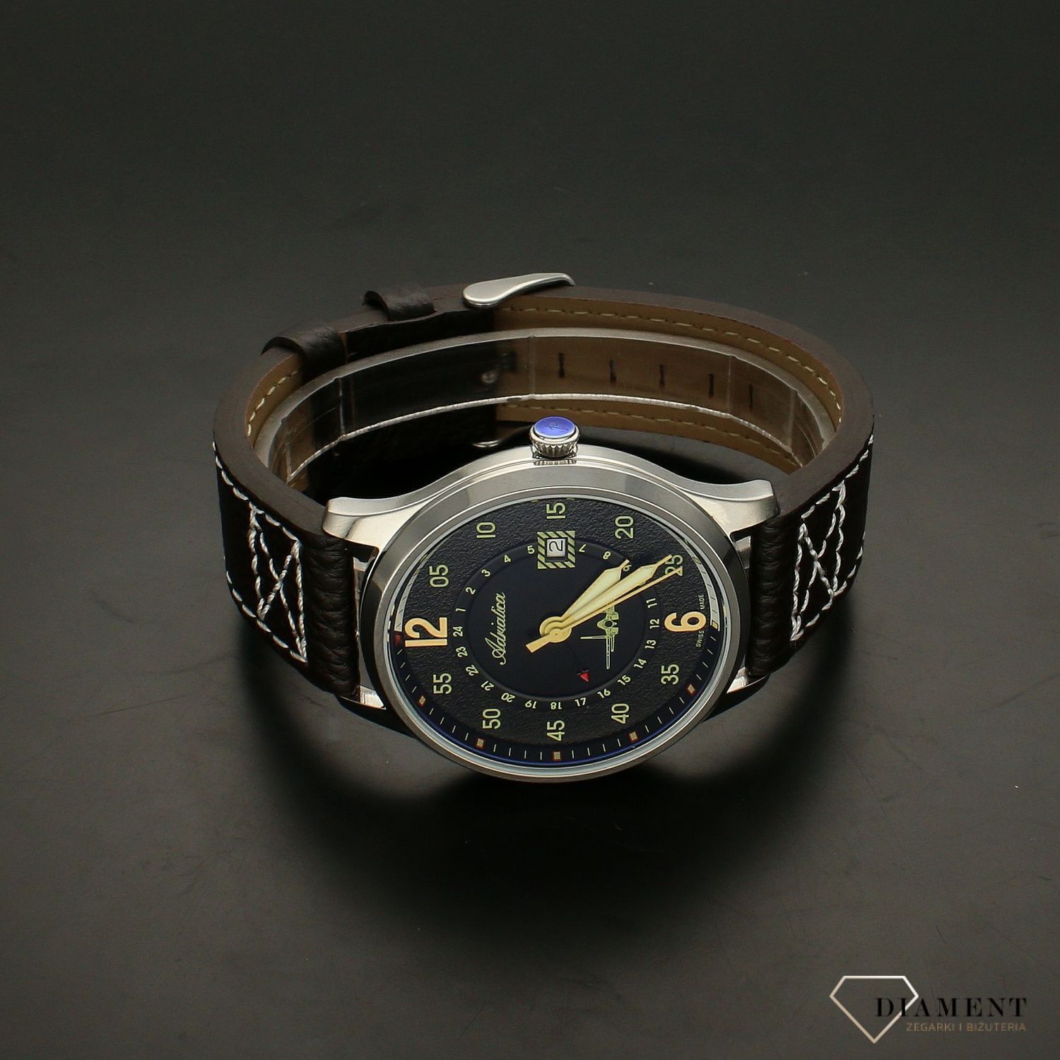 Zegarek męski.x na czarnym pasku Adriatica Aviator A8311.5B24Q samolotem ✓.webp