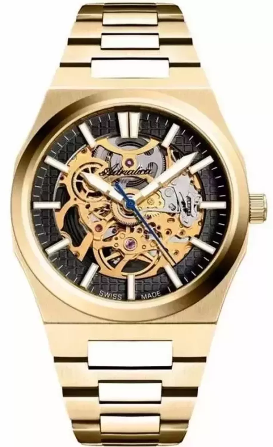 Zegarek męski Adriatica A8326.1116SA Skeleton Automatic – szwajcarski model z automatycznym mechanizmem, złotą kopertą PVD, stalową bransoletą i czarną tarczą skeleton.1.webp