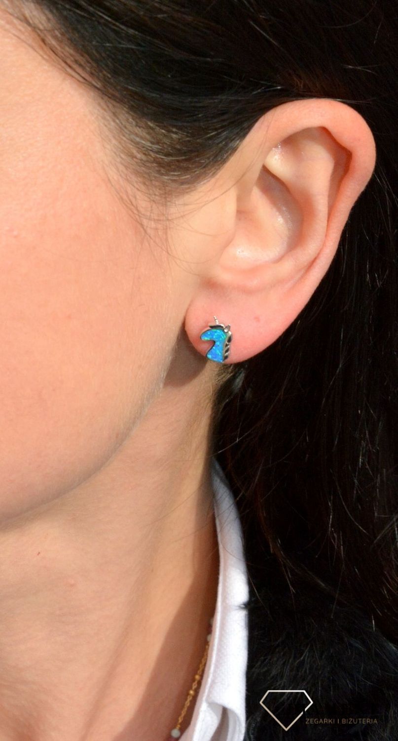 Srebrne kolczyki dla dziewczynki niebieski jednorożec z opalem AE20412ERH.jpg