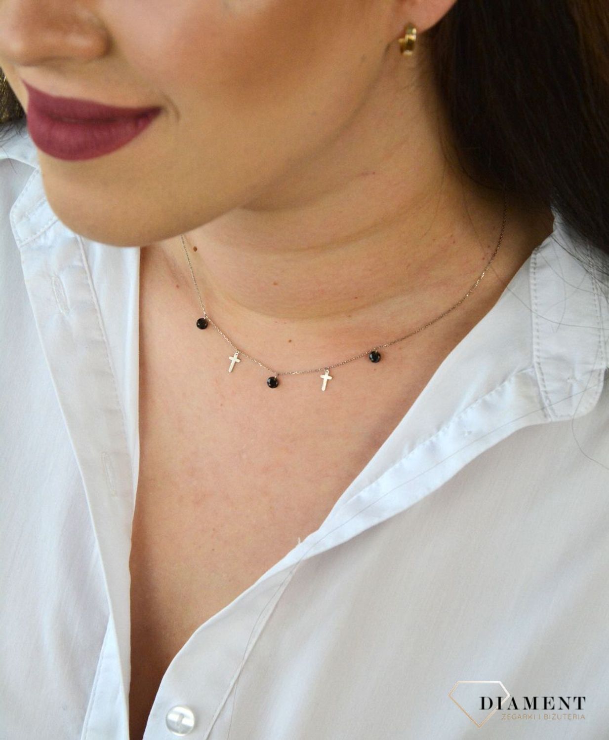 Naszyjnik srebrna celebrytka z czarnymi cyrkoniami i krzyżykami ALNZ000942.jpg
