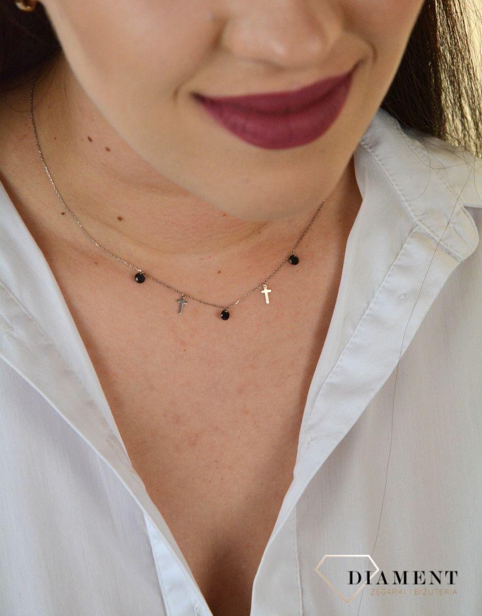 Naszyjnik srebrna celebrytka z czarnymi cyrkoniami i krzyżykami ALNZ000942.jpg