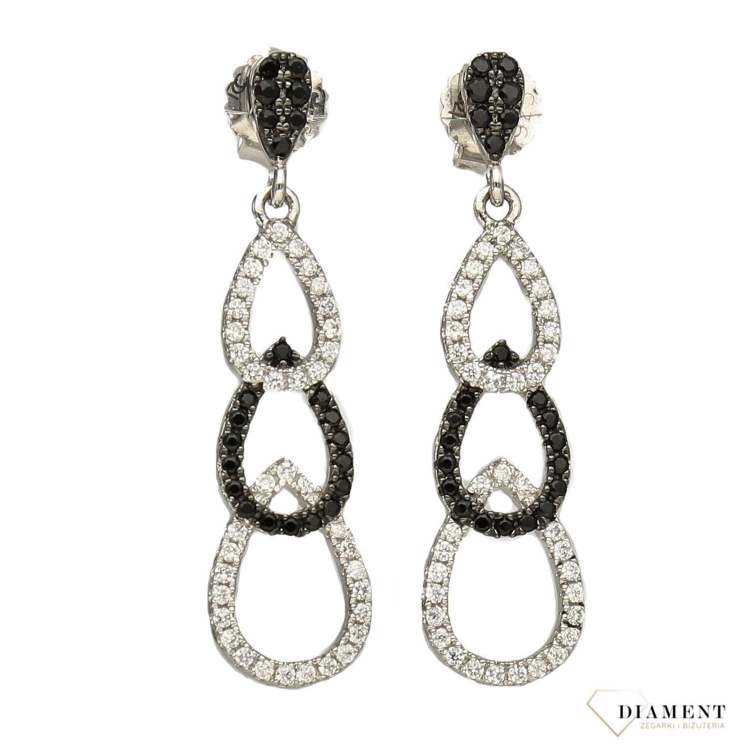 Srebrne wiszące kolczyki łezki białe i czarne cyrkonie AP012-2438.jpg