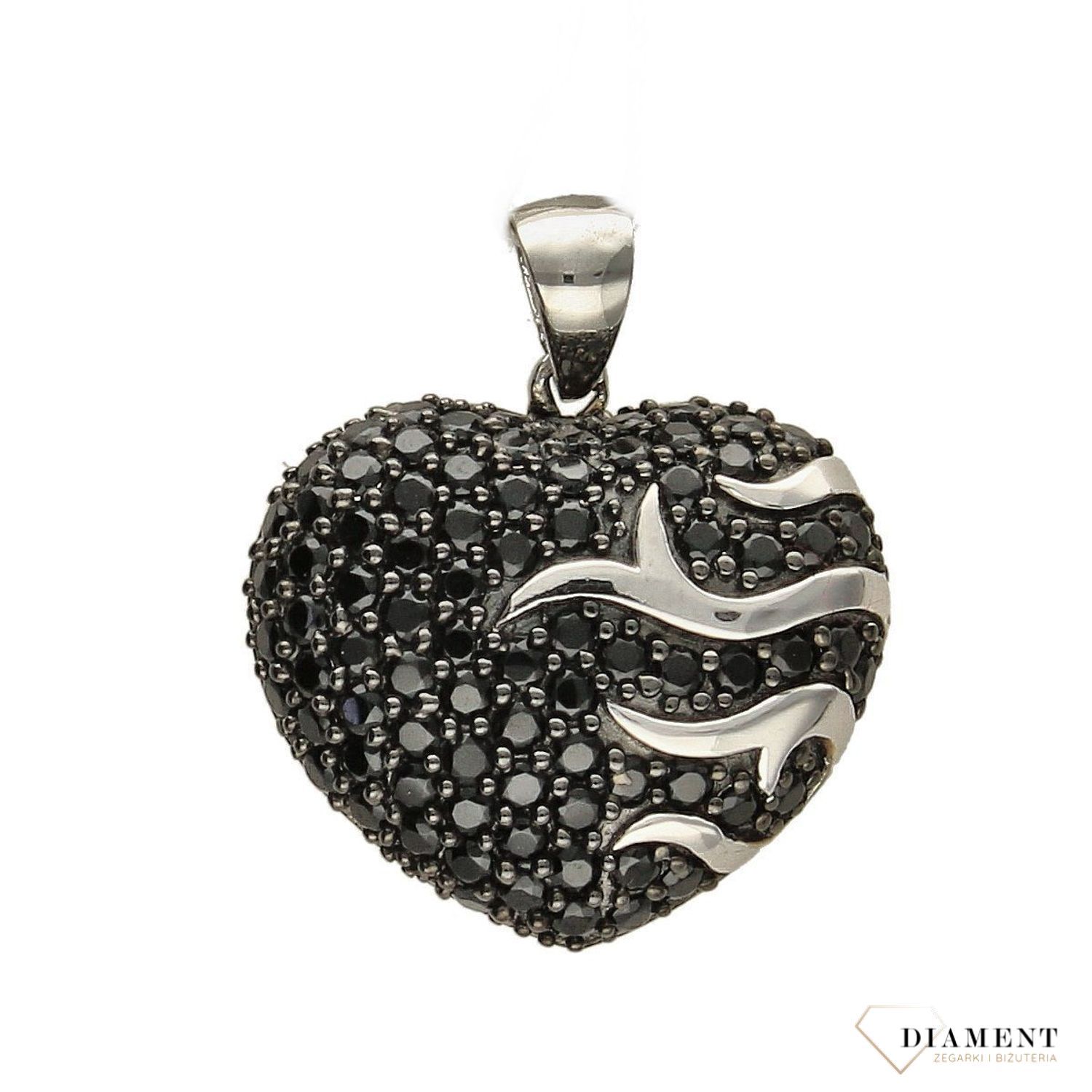 Srebrna zawieszka 925 czarne serce z ozdobnym wzorem AP012-2620. Srebrna zawieszka w kształcie serca ozdobiona czarną cyrkonią.jpg