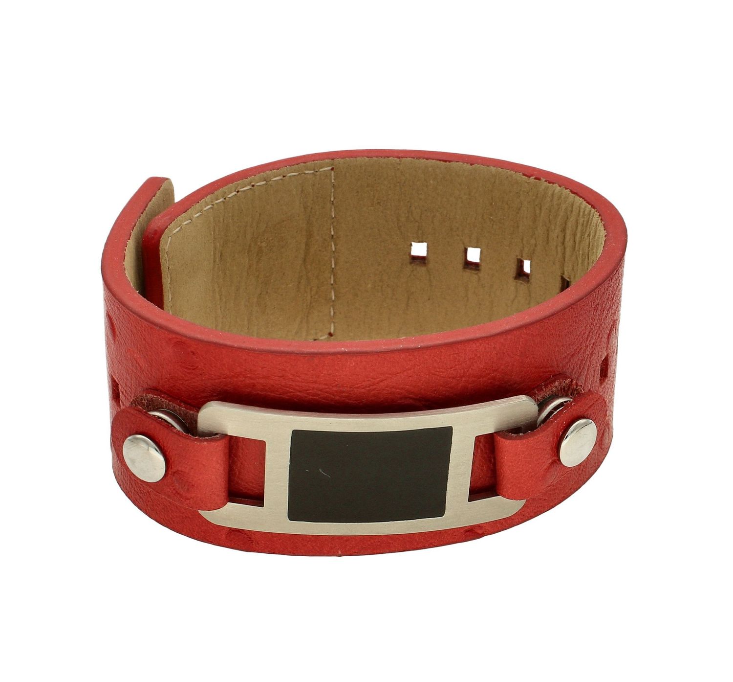 Bransoletka damska skórzana czerwona 'Czarna blaszka' AP012-2769Skóra.  Zapięcie bransoletki odbywa się poprzez wciśnięcie dwóch elementów z dziurki paska . Prezentuje się bardzo elegancko, może być dopełnieniem codziennej l.jpg