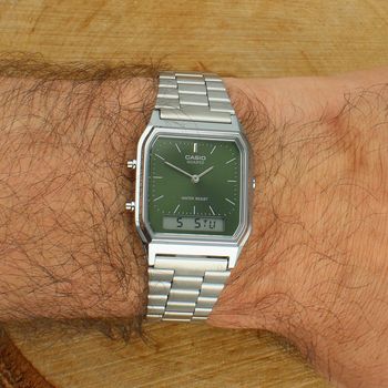Casio AQ-230A-3AMQYES męski zegarek Vintage kwadratowy zielony stalowyk (1).jpg