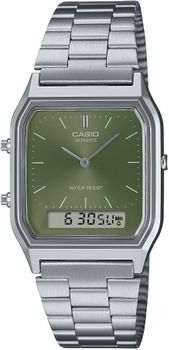 Zegarek Casio Vintage AQ-230A-3AMQYES – zegarek męski kwadratowy zielona tarcza, stalowa bransoleta.jpg